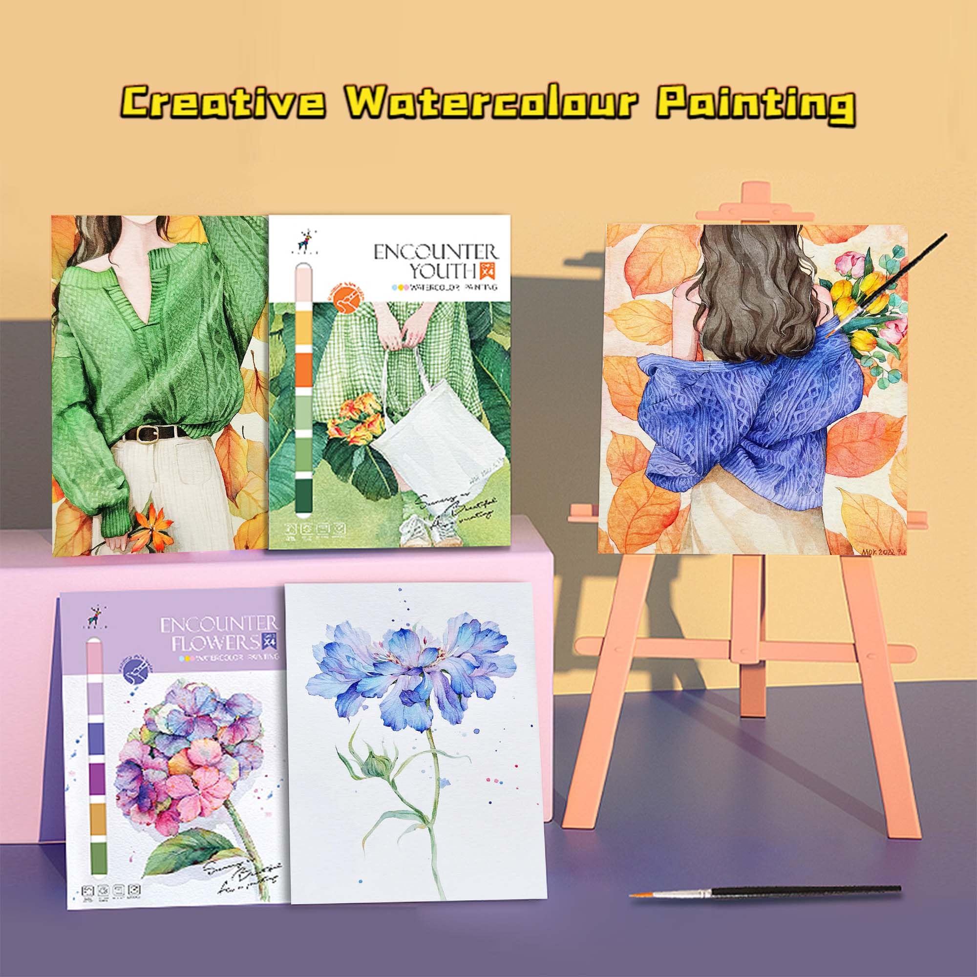 DESINIK Gouache Coloring Books for Adults - 2 Pack, Pocket Mess Free Gouache Painting Kit, Flower&Girl - Image 4