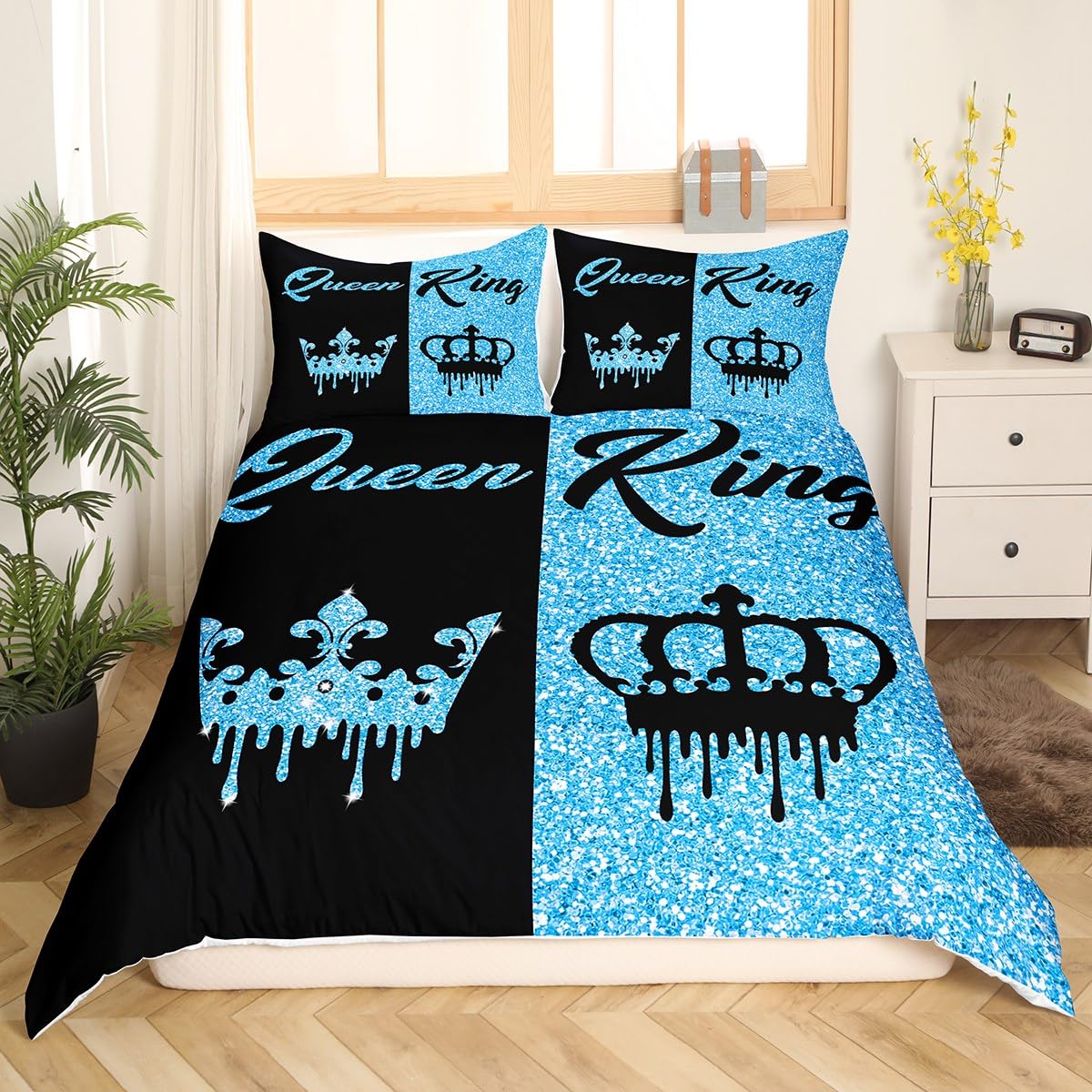 Homemissing Black and Blue Crown King and Queen Duvet Cover King Size for Adults Couple Men Women,Valentine'S Day Wedding Gifts,His and Hers Quilt Cover 2 Pillowcases Bedroom Decor(No Glitter) - Image 3