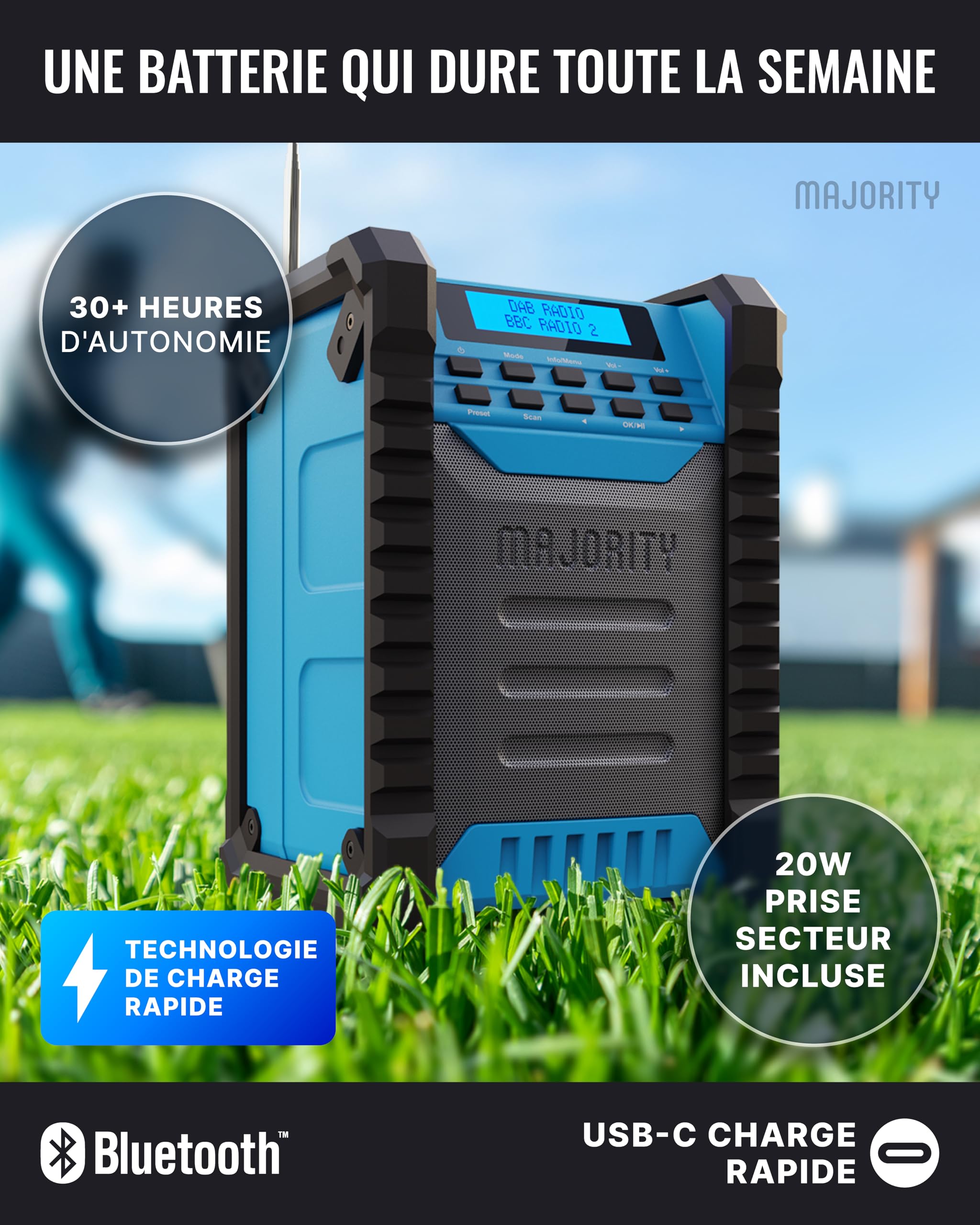 Radio Chantier Dab+ FM, Bluetooth & AUX, IP54 Enceinte Etanche, Antichoc | MAJORITY Landbeach Radio Plus Robuste et Antichoc | Batterie Rechargeable 28h USB-C & Power Bank | Écran LCD Rétroéclairé