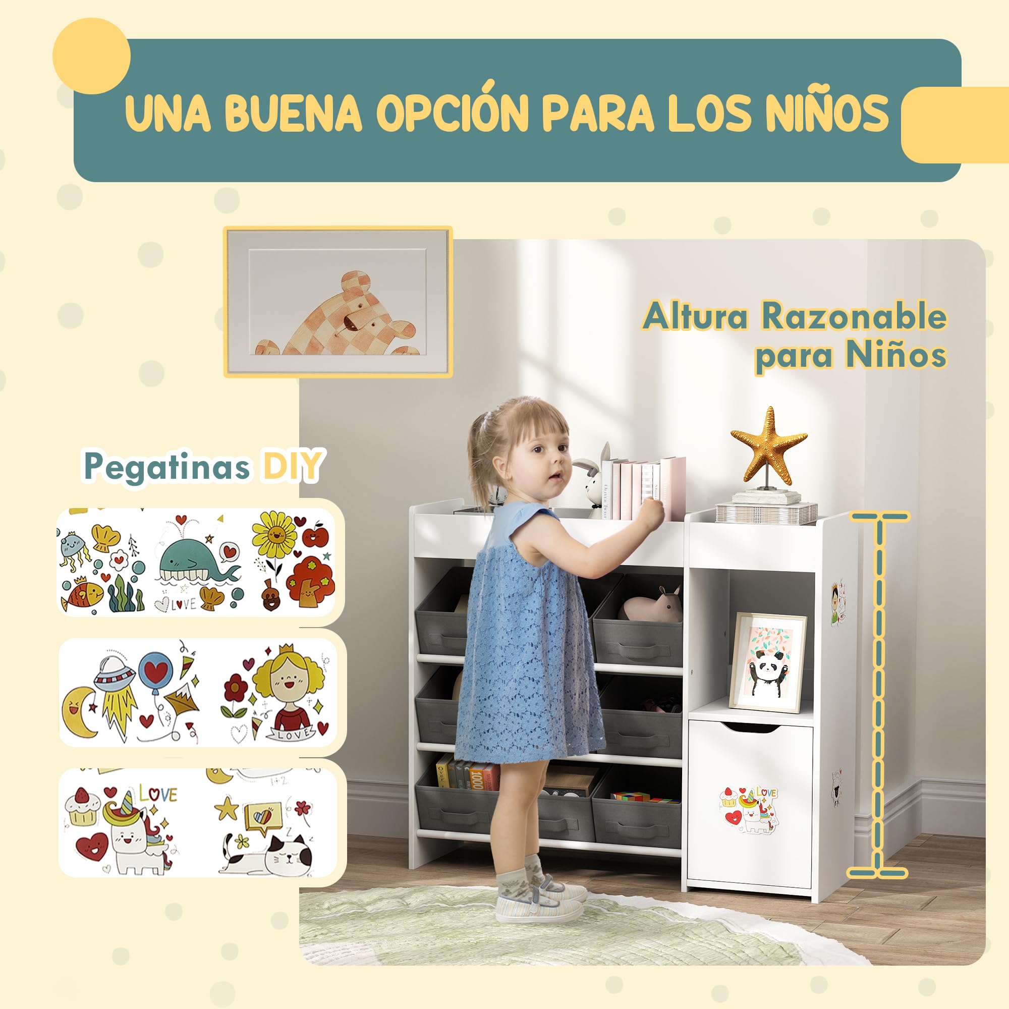 AIYAPLAY Estantería para Juguetes para Niños Organizador Infantil Montessori con 9 Cestas Extraíbles Compartimentos y Láminas de Pegatinas para Guardería Sala de Juegos 92x30x80 cm Blanco