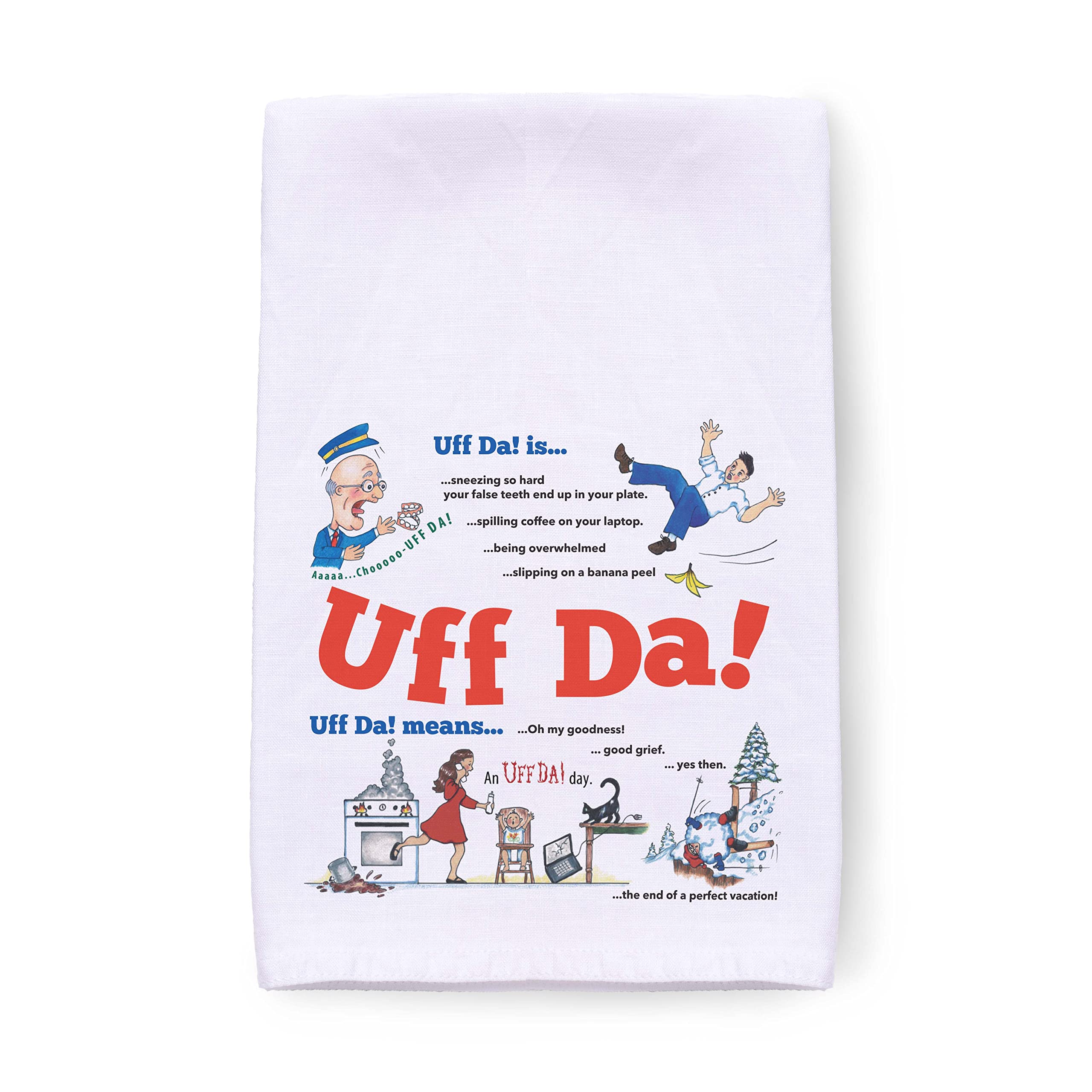 Essence of Europe Gifts ScandinavianGiftOutlet | Norwegian “Uff Da” 24x24 Decorative Print, Flour Sack Dish Towels, 100% Cotton Flour Sack Kitchen Towels | Unique Gift with Loop for Easy Hanging.