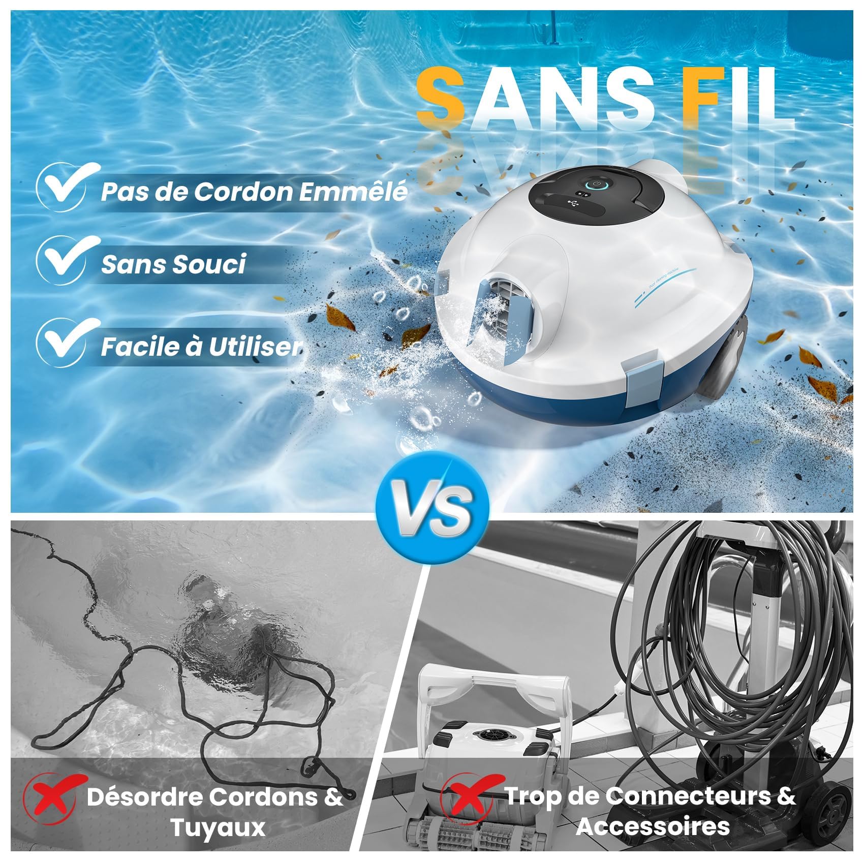 MEDOXA Robot Nettoyeur de Piscine sans Fil, aspirateur de Piscine Automatique, 120 Minutes d'autonomie, Auto-stationnement, Robot Piscine pour Fonds Plats Hors-Sol ou enterrés jusqu'à 100 m²（Blanc）