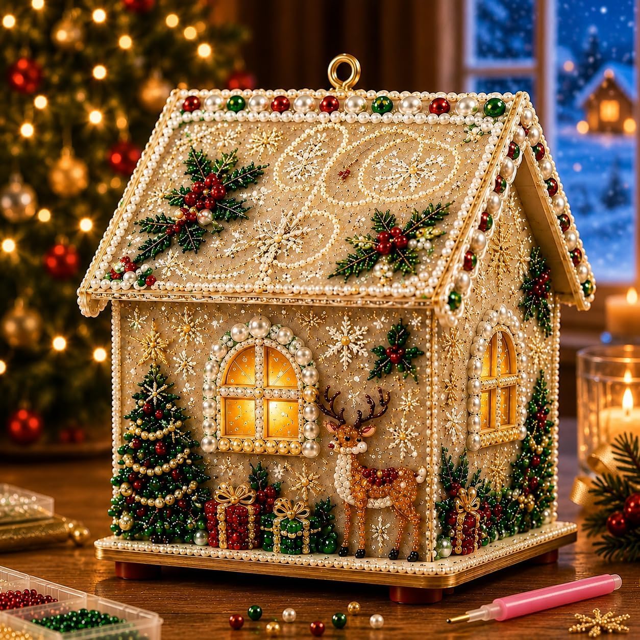 3D Christmas Pearl Diamond Painting Wooden House Art Kit for Adults (#A)