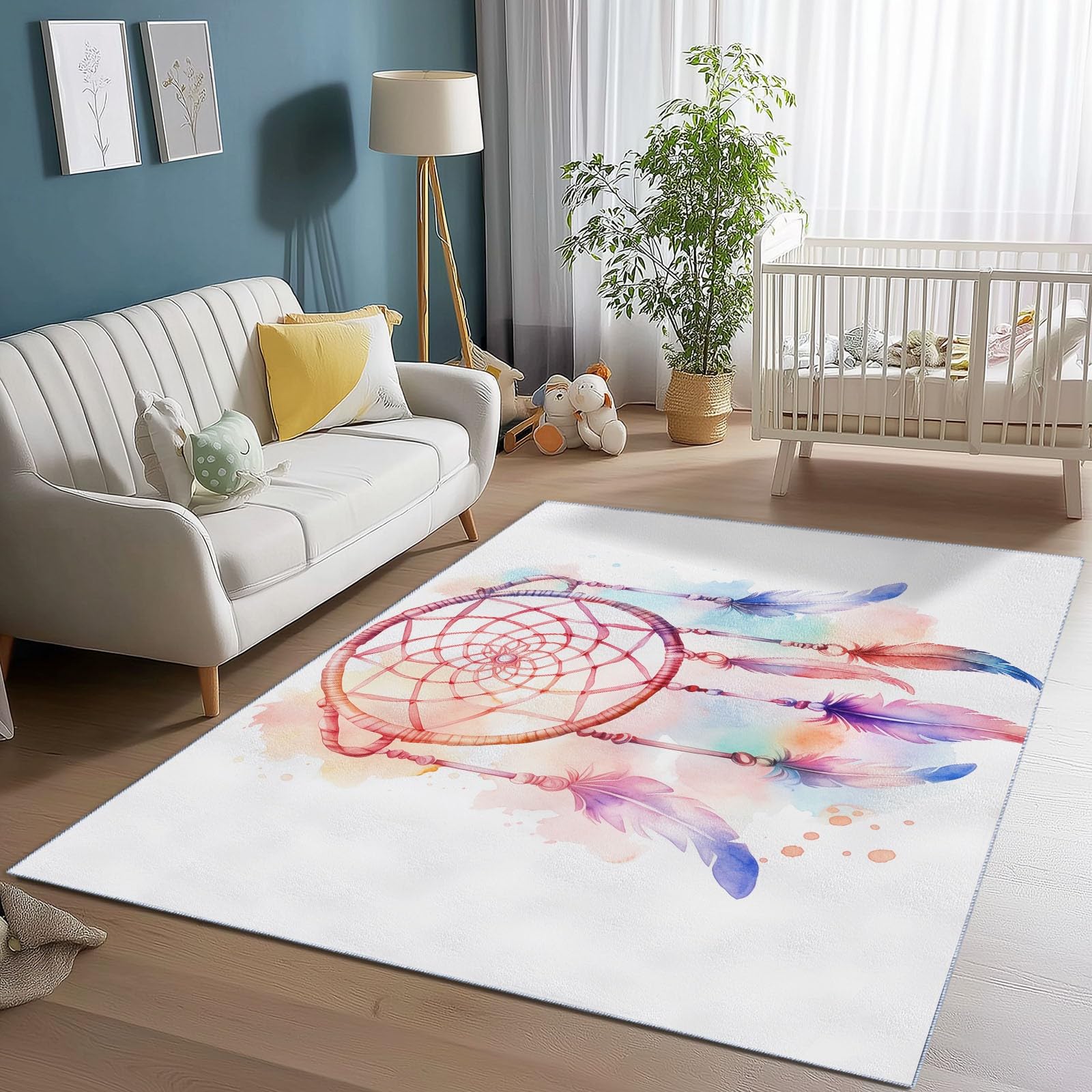 80 x 150 cm Teppich für Wohnzimmer – Kurzflor, Extra Weich & Pflegeleicht, Rechteckiger Teppich mit Aquarell-Traumfänger, geeignet für Schlafzimmer Küche Esszimmer & Kinderzimmer, Weiß