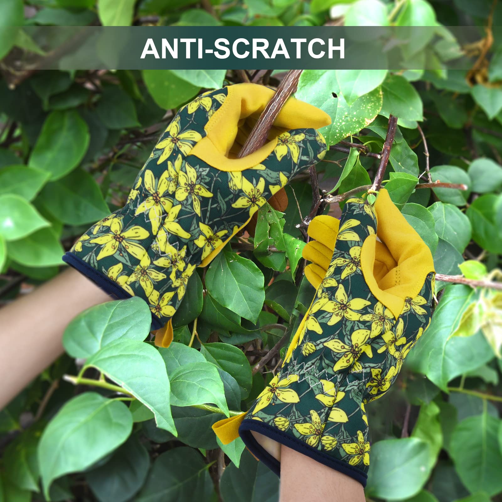Guantes de jardinería de cuero para mujer, guantes de jardinería para mujer, a prueba de espinas, sin picadura para excavar, plantar, podar, talla L, verde negro