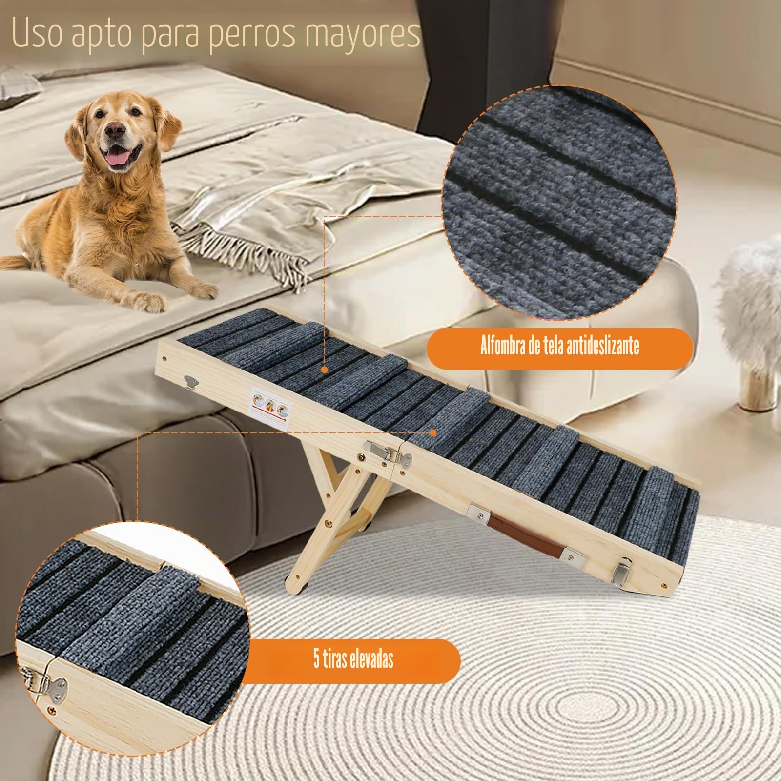 Rampa para perros, escalera de madera para perros pequeños y ancianos, ajustable 20-45 cm, con alfombrilla tritt antideslizante, rampa para mascotas, plegable, portátil, para cama o sofá/coche