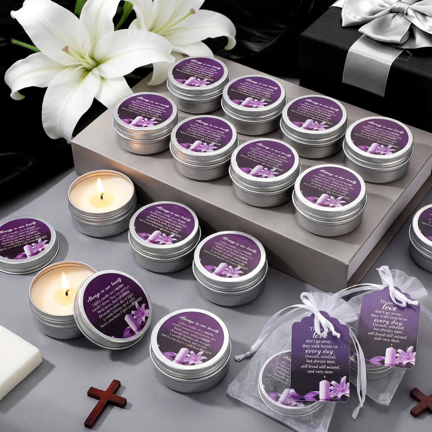 Conelist 60 Sets Funeral Favors for Guests Memorial Candles Gift Celebration of Life Funeral Candles Prayer Cards Organza Bag Supply Scented Sympathy Gift Memorial Service Grief Share Meeting(Purple)