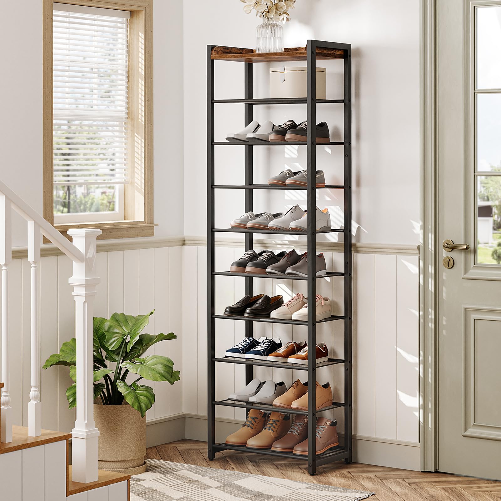 HOOBRO Schuhregal mit 10 Ebenen, Schmale Schuhablage, Schuhschrank, für 18-25 Paar Schuhe, Platzsparend, für Eingang, Flur, Wohnzimmer, Dunkelbraun-Schwarz EBF40XJ01