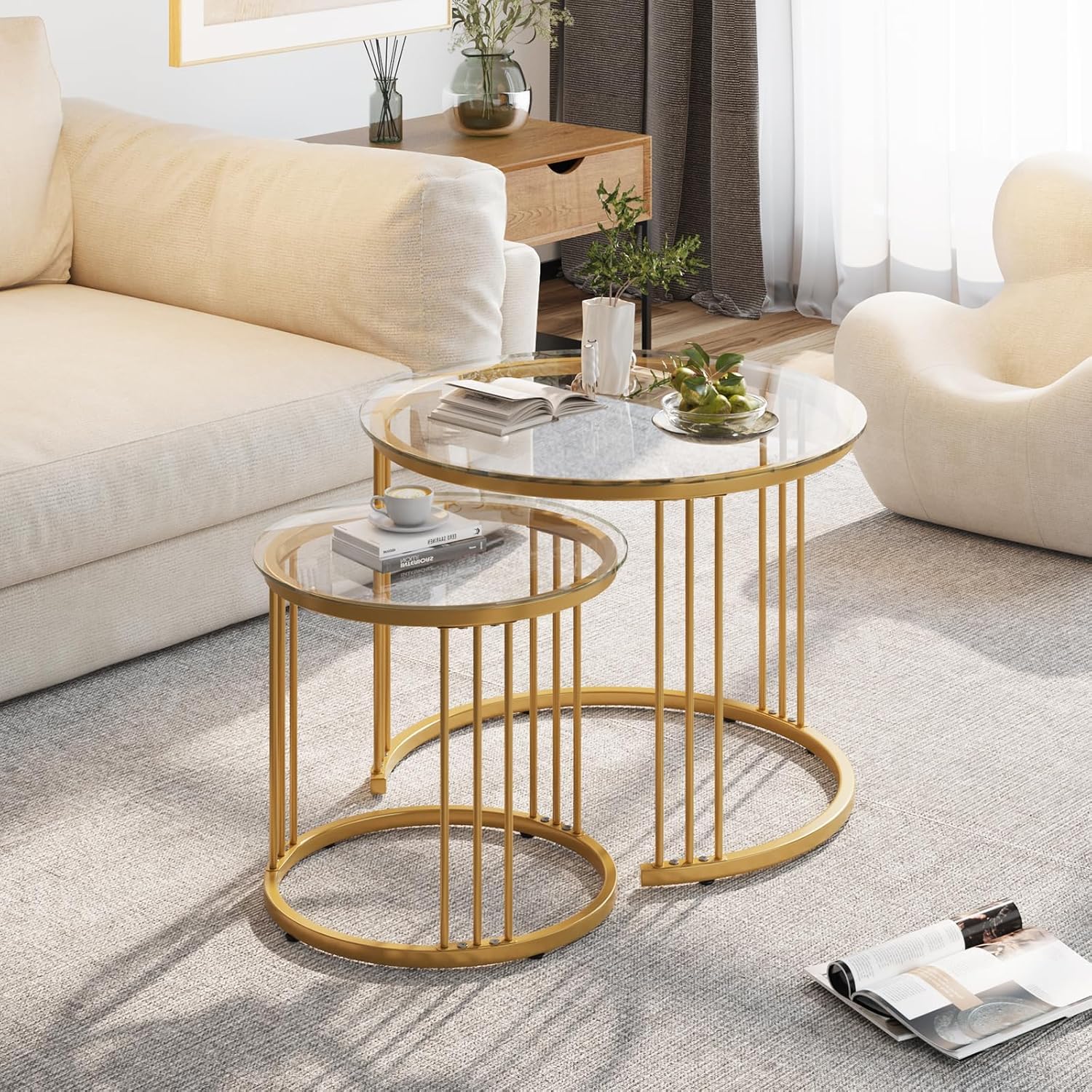 Huhote Round Coffee Tables, Set of 2 End Table, Nesting Tables, Side Table with Metal Frame for Living Room/Bedroom/Balcony/Office/Apartment, Diameter 23.6/15.7 IN (Gold with Clear Glass)