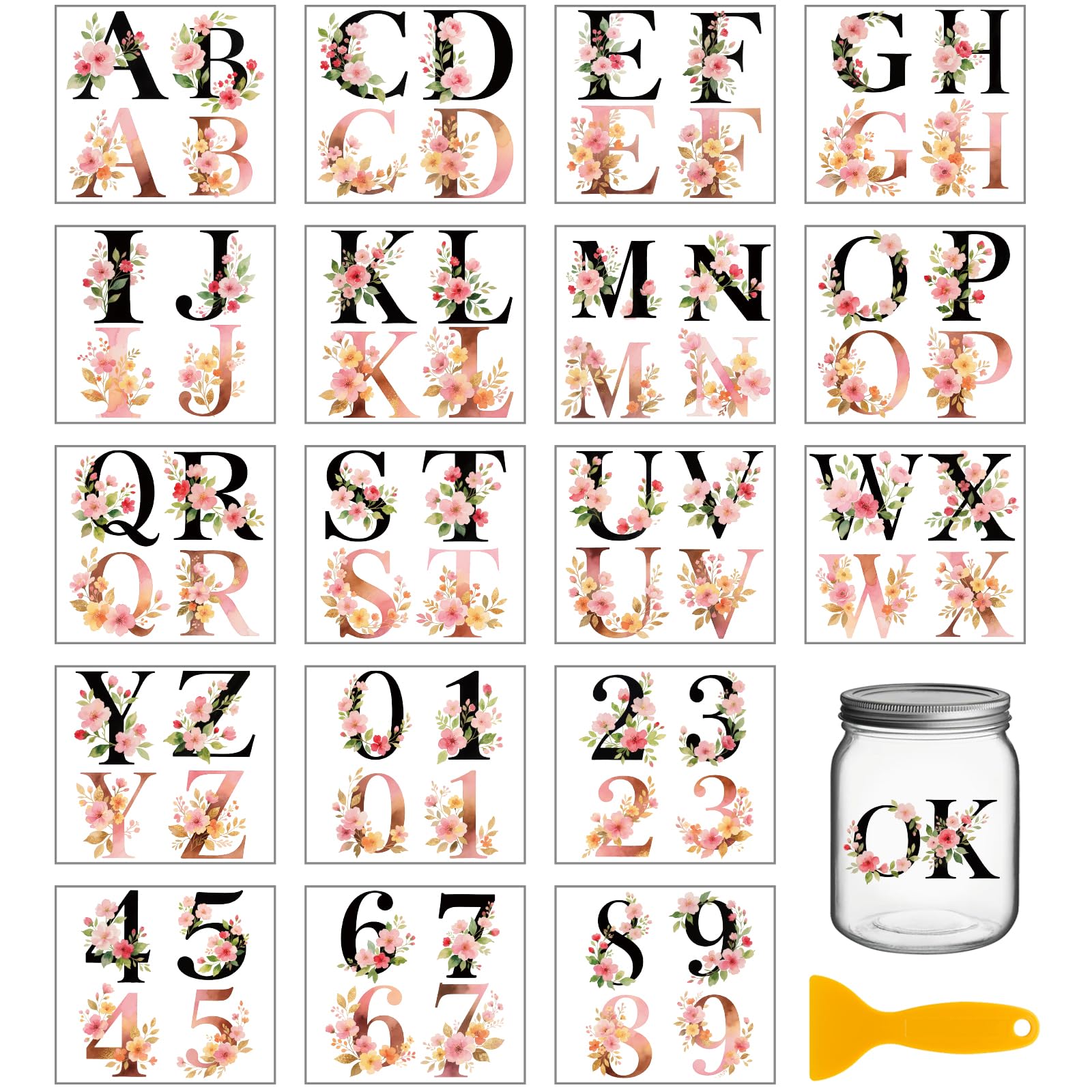 GLOBLELAND 18 Sheets A-Z Flowers Letters and 0-9 Numbers Transfer Stickers 3.9x3.6inch Vintage Flowers and Leaves Decals Stickers Rub on Transfer for Art Crafts Furniture Glass Mason Jar Decorations