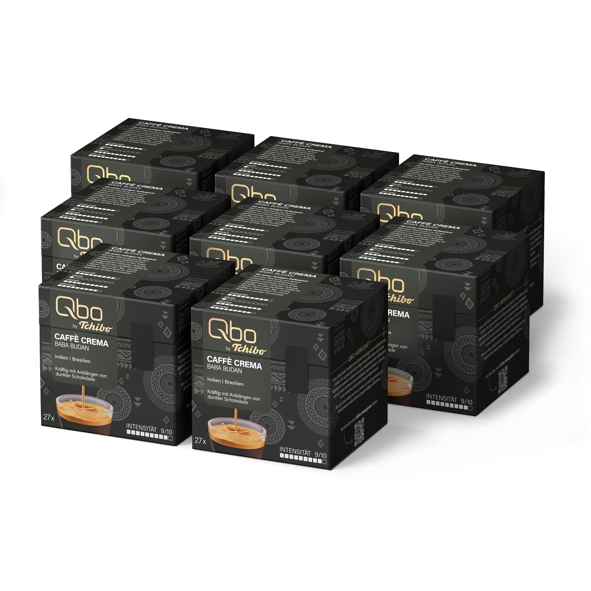 Tchibo Qbo Caffè Crema Baba Budan Premium Kaffeekapseln, 216 Stück – 8x27 Kapseln (Caffè Crema, Intensität 09/10, kräftig, Noten dunkler Schokolade), nachhaltig & aus 70% nachwachsenden Rohstoffen¹