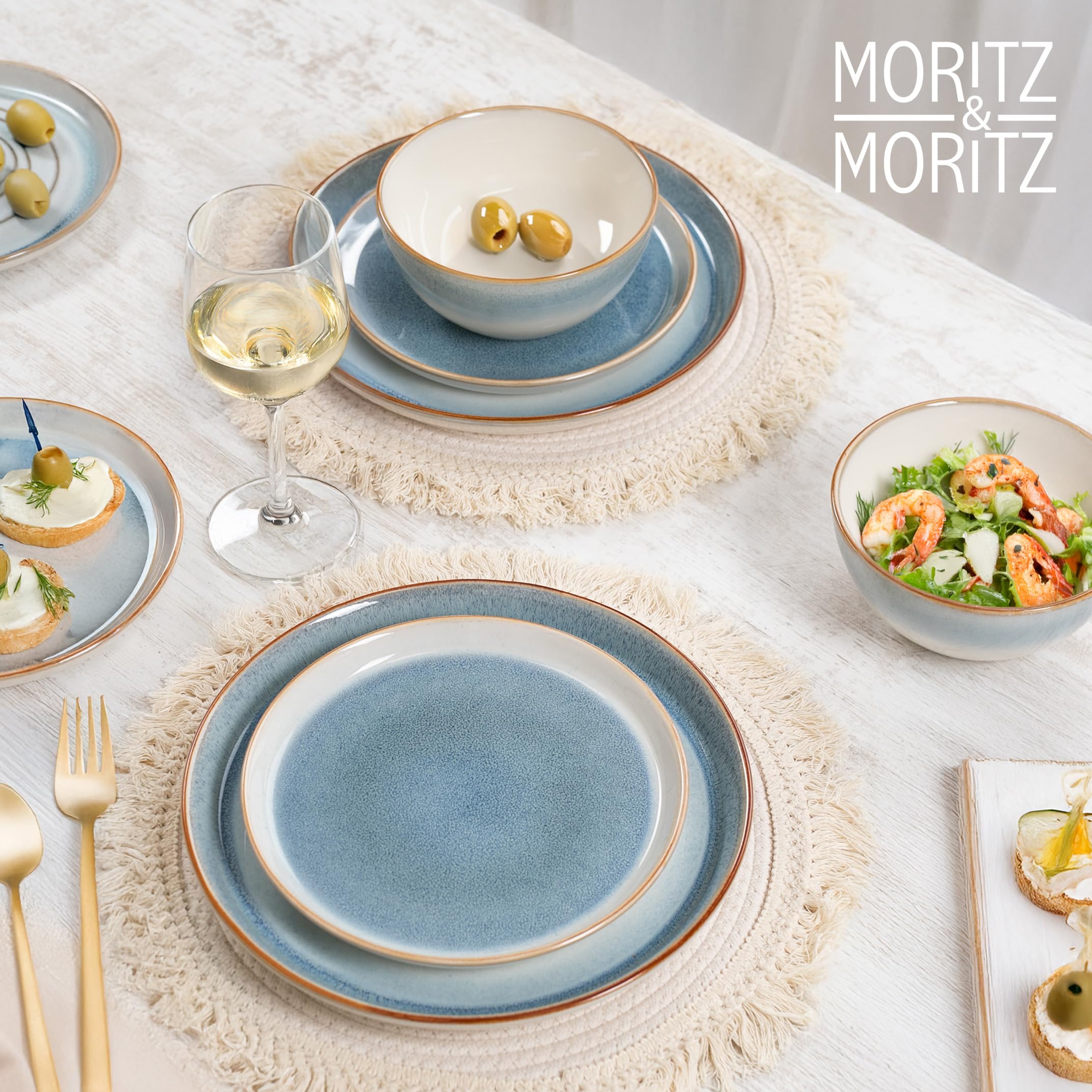 Moritz & Moritz TARENTO Service de table 24 pièces pour 6 personnes Bleu – Élégant ensemble d'assiettes en grès de qualité supérieure – Set de vaisselle composé de 6 assiettes à dîner, 6 assiettes à