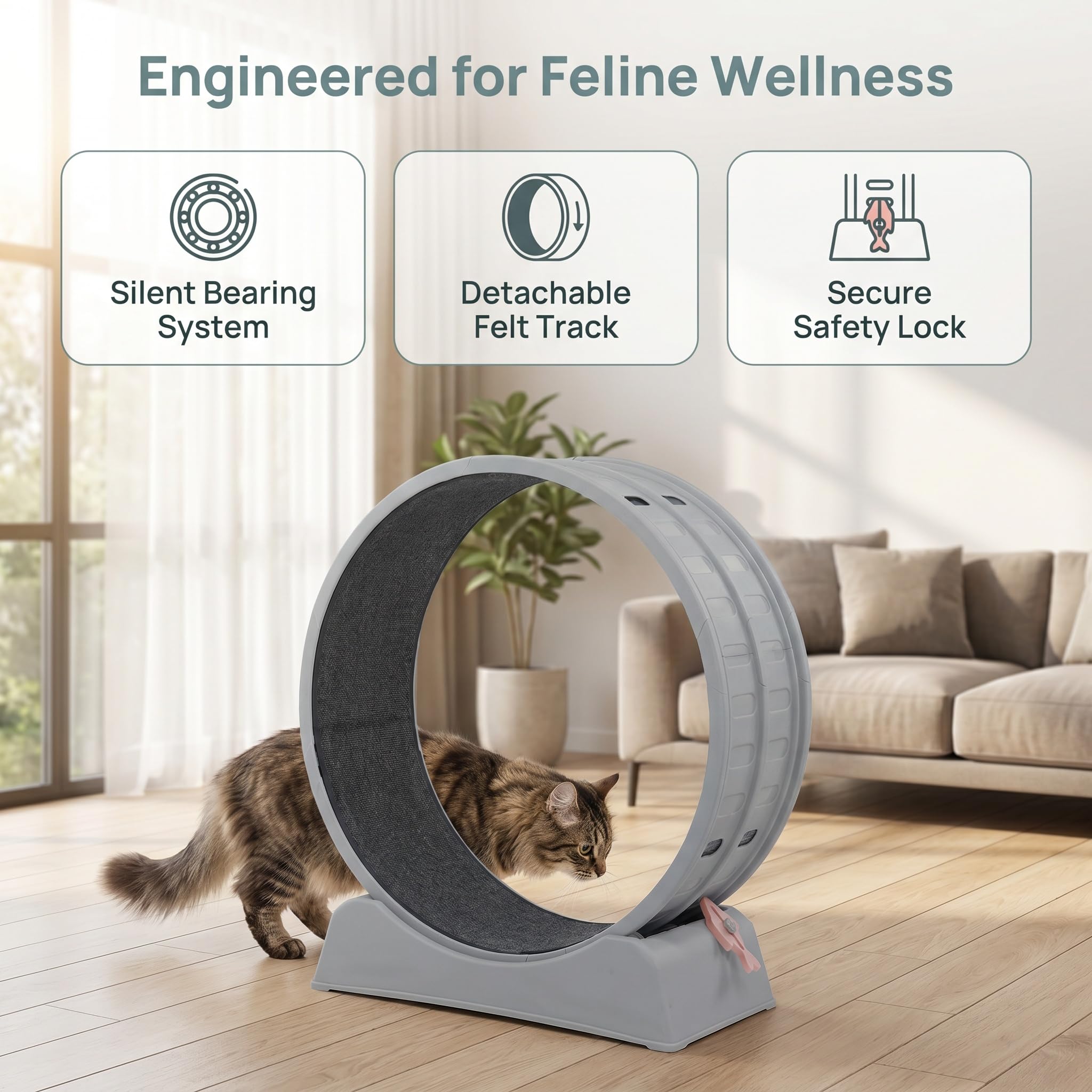 Trygoal 31.5" Cat Exercise Wheel for Indoor Cats, Silent Cat Treadmill with Safety Lock, Running Wheel with Removable Scratch Pad & Teaser Toy for view 6
