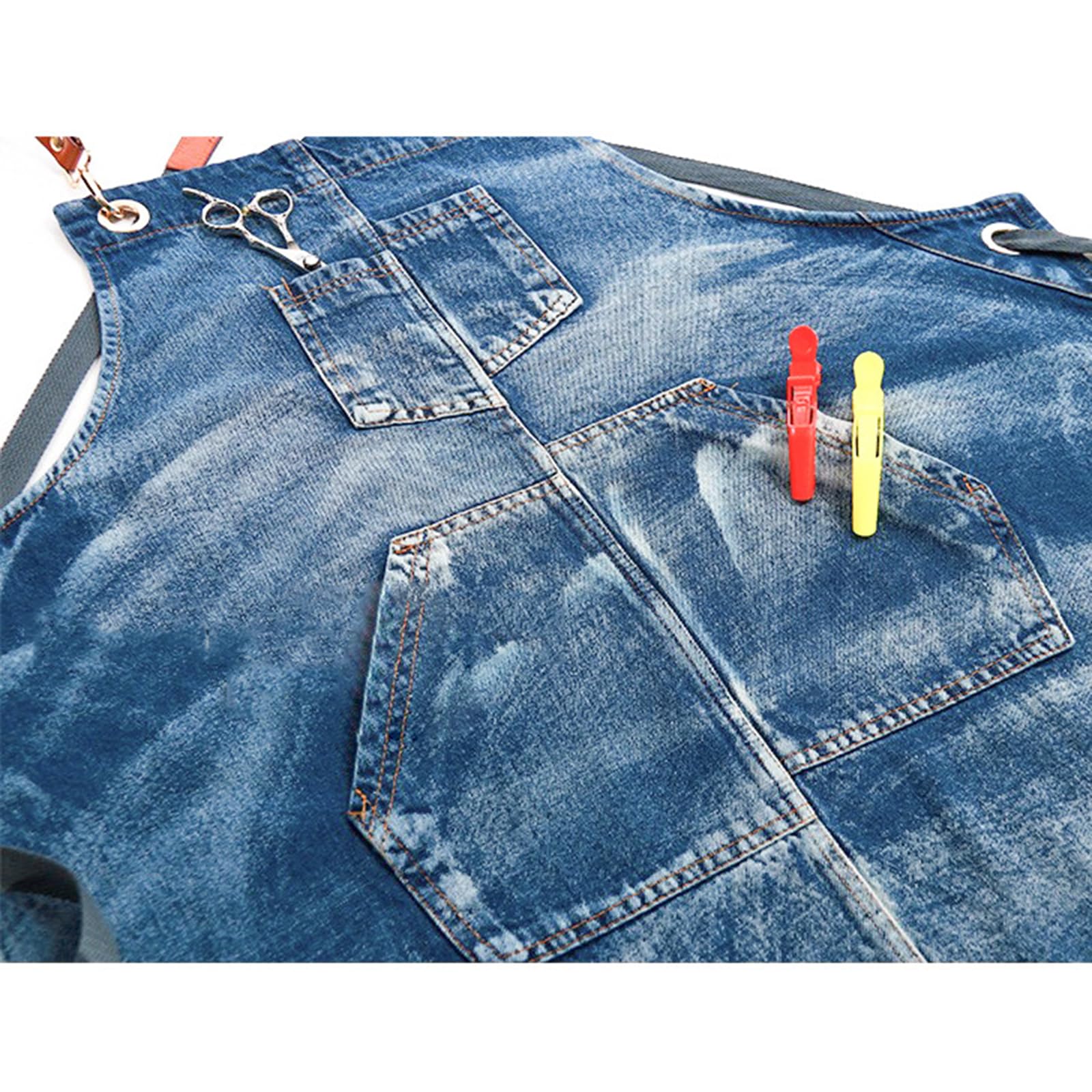 Tabliers, Tablier de travail en jean avec poches, tabliers for chef, coiffeur, cuisine, du bois, for hommes et femmes, bleu