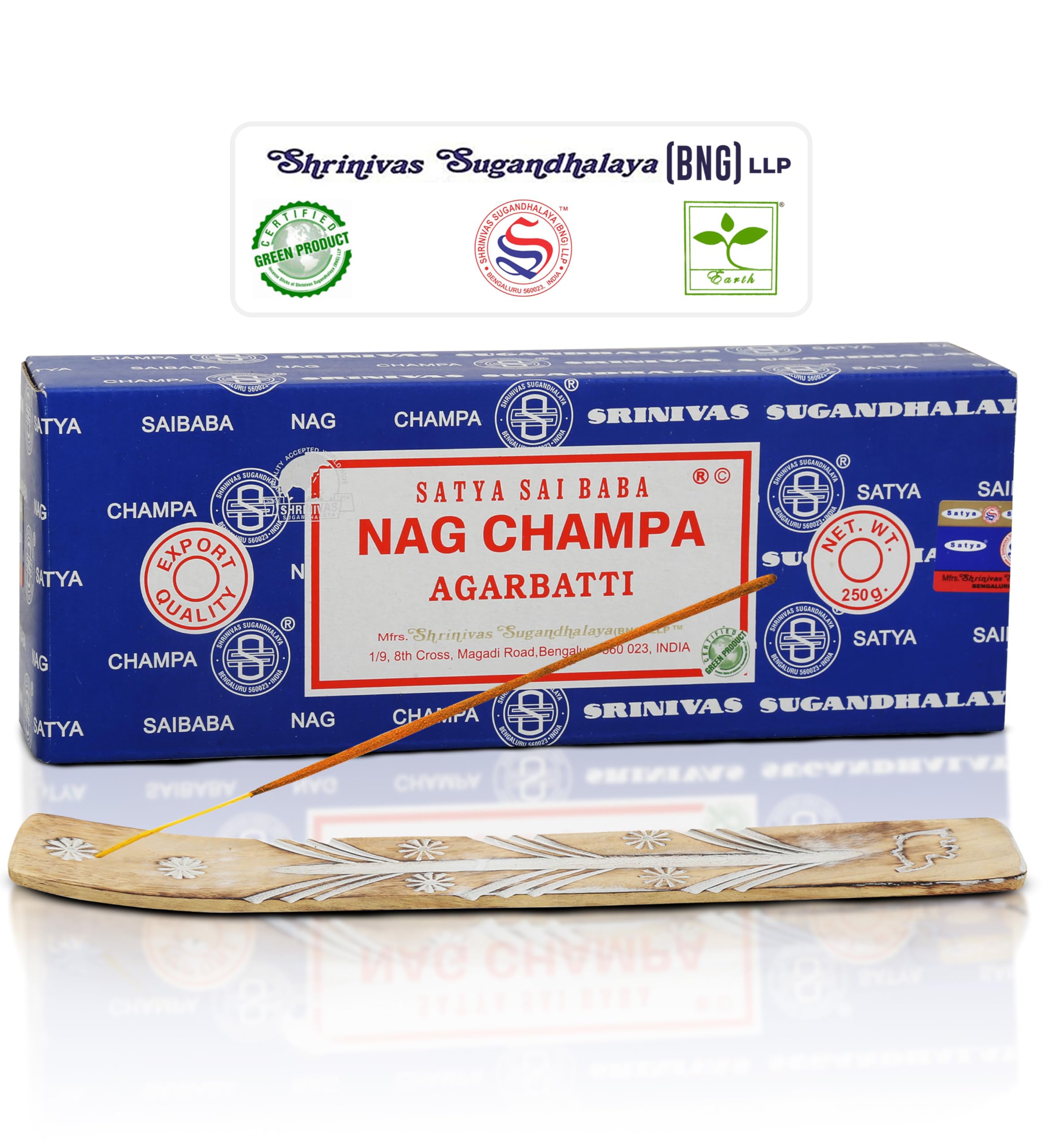 Satya Nag Champa Incense Sticks Bangalore- 250gm Bundle Natural Hand Rolled Non-Toxic Nagchampa BNG Insense Set with Raajsee Insence Stick Holder for Meditation, Yoga, Aromatherapy & Joss Sticks