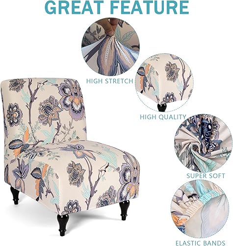 Miniatura 3 de Funda para silla sin brazos, elástica de elastano a cuadros pequeños, antideslizante para sofá, protector de muebles (flor beige, 1)