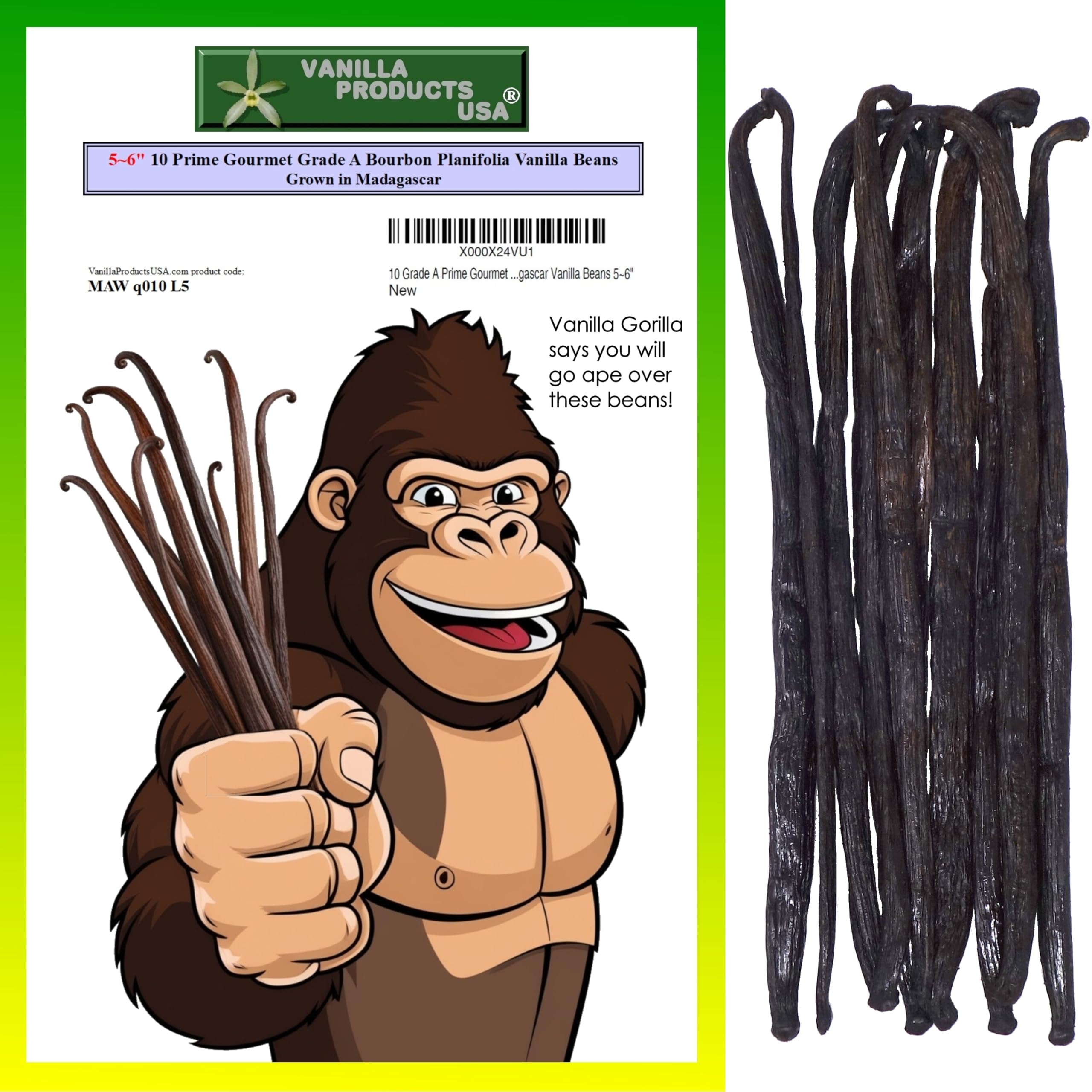 10 (TEN) Whole Grade A Prime Gourmet Bourbon Madagascar Vanilla Beans 5~6" by Vanilla Products USA (10 Count (Pack of 1))