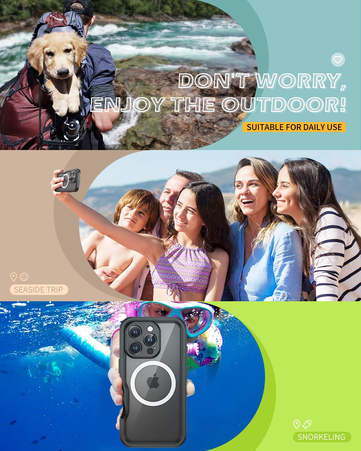 Lanhiem Etui na telefon komórkowy iPhone 16 Pro Max, wodoszczelne, IP68, z Magsafe, 360°, ekranowane magnetycznie, na zewnątrz, odporne na wstrząsy, z ochroną ekranu, czarne