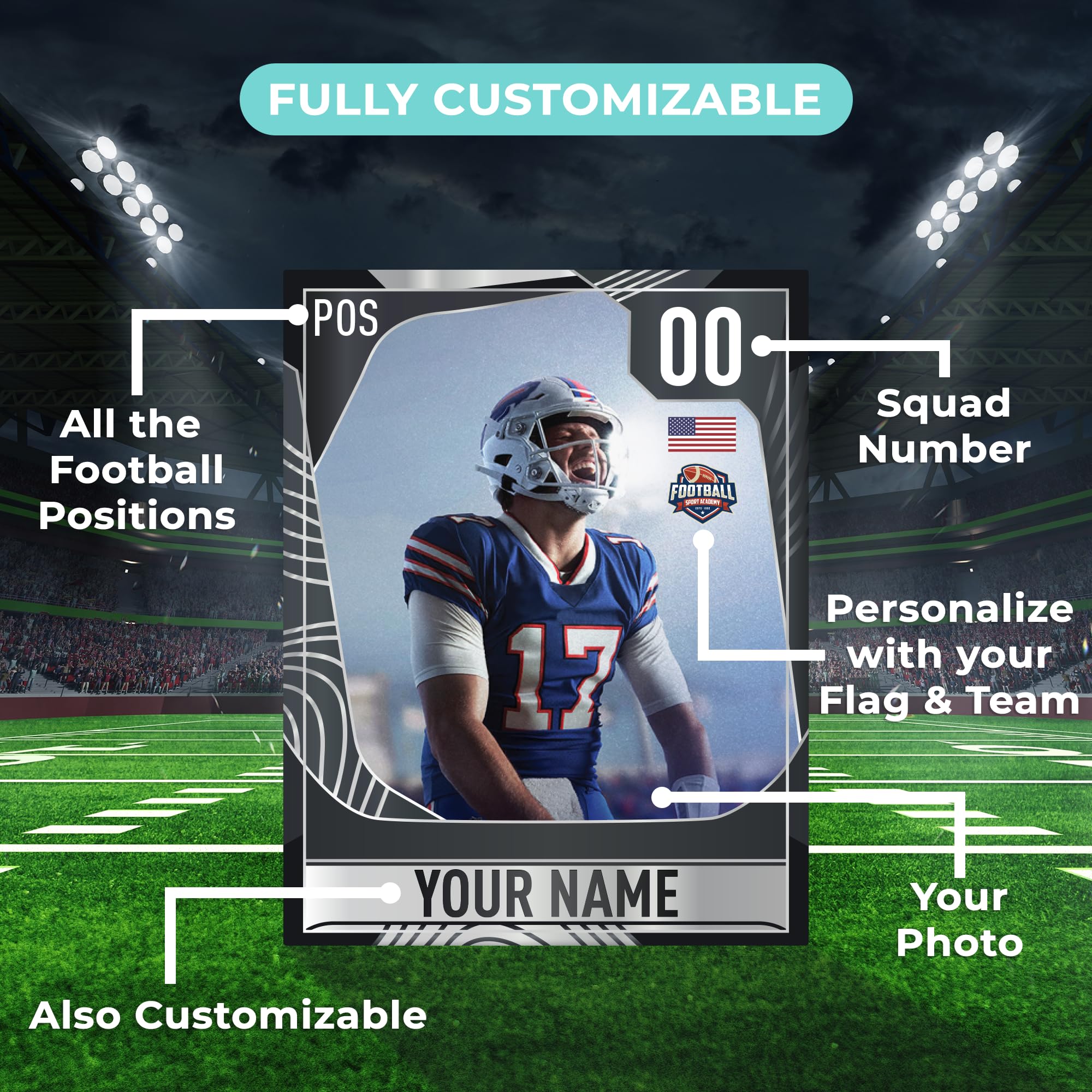 EGD Personalized Football Cards | Ultimate Team Card Famous Game | Football Decorations for Bedroom | Football Gifts for Boys | Multiple Size & Shapes Options (Card 2 - Football)