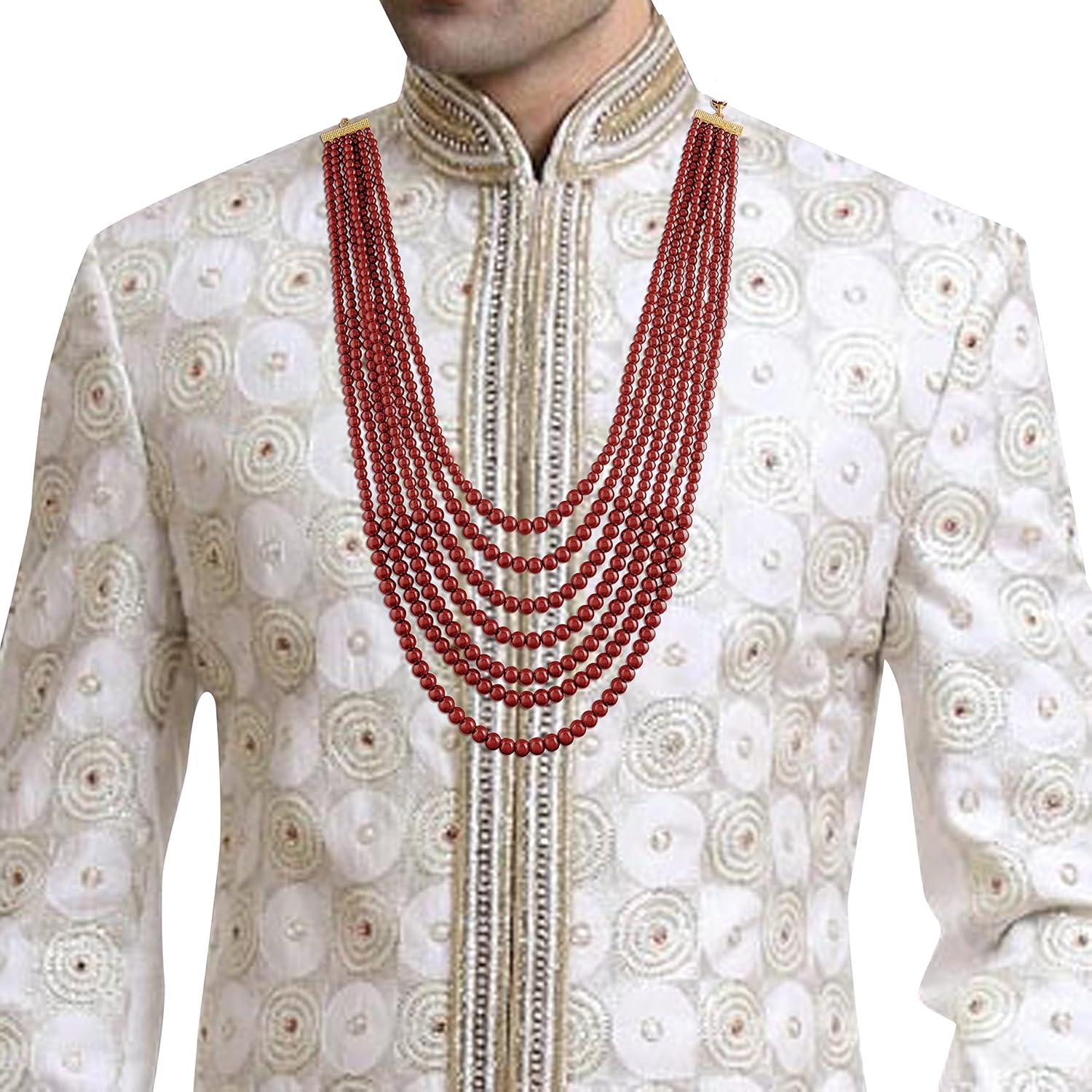 I Jewels 18k Gold Plated 7 Layered Indian Wedding Bollywood Dulha Moti Mala Maharaja Haar/Groom Necklace for Men