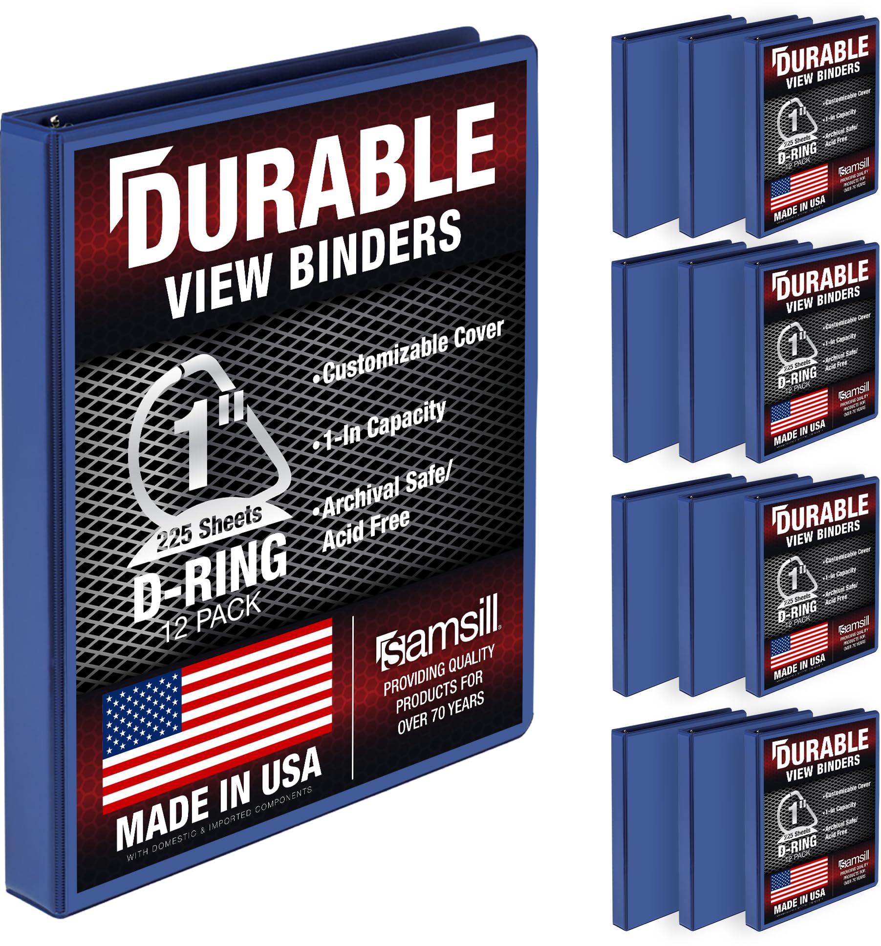 Samsill Durable 1 Inch Binder, Made in The USA, D Ring Binder, Customizable Clear View Cover, Blue, 12 Pack, Each Holds 225 Pages