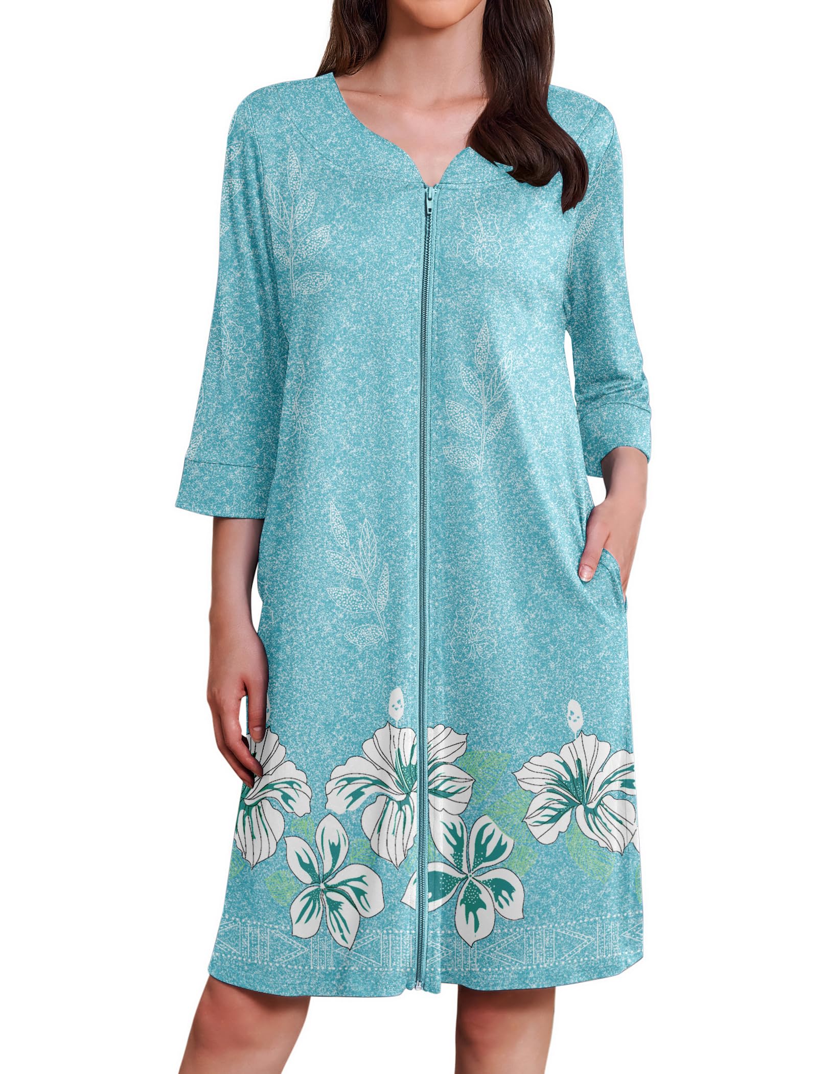 Ekouaer Zipper Robes for Women 3 4 Sleeves Housecoat Soft Nightgowns Sleepwear Mumu House Dresses with Pockets S-3XL