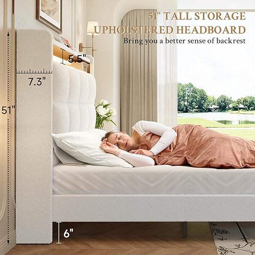 Miniatura 5 de koorlian Marco de cama de tamaño matrimonial, cabecera capitonada con respaldo de aleta de 51 pulgadas de alto, marco de cama tapizado de forro