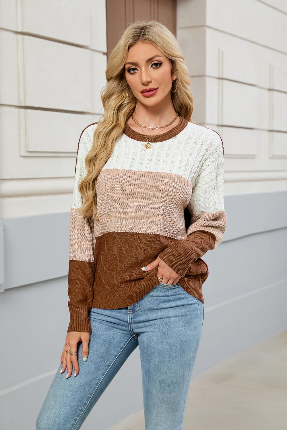 Women's Striped Color Block Sweaters Crewneck Fall Sweater Long Sleeve Oversized Soft Winter Pullover Tops - Image 5