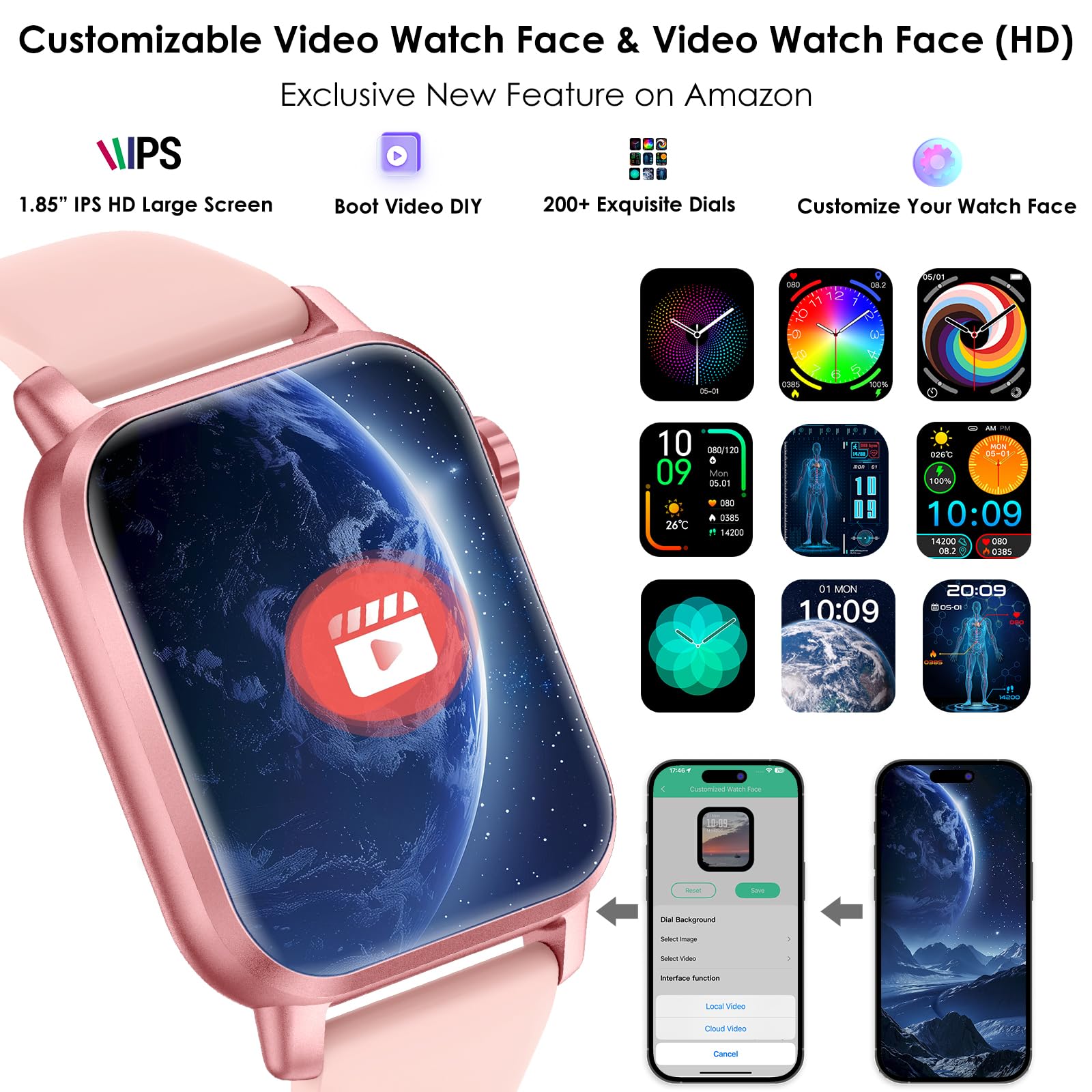 YYKY Smartwatch Maschile Femminile 1.85 Pollici Bluetooth Rosascuro - Dettaglio