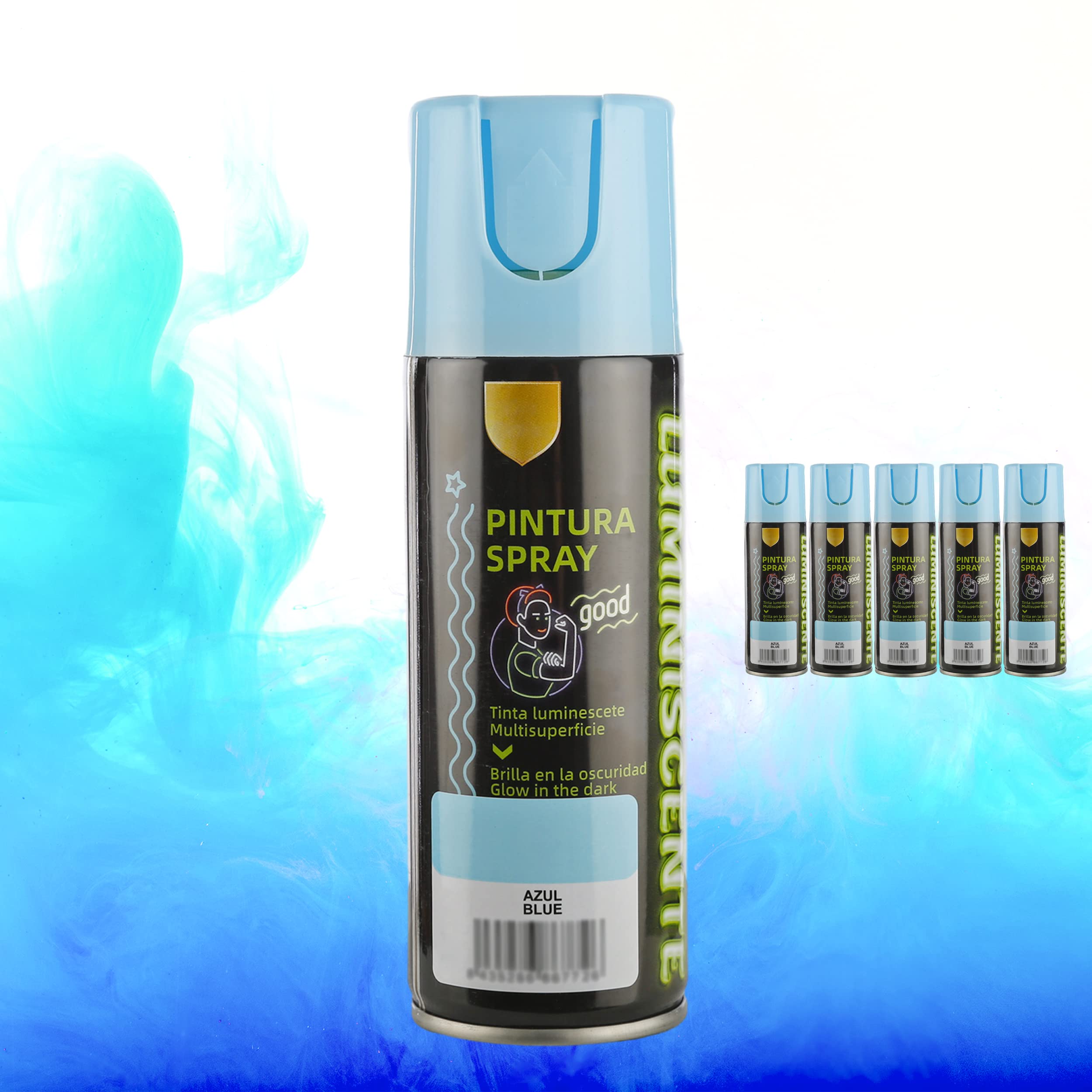 H HANSEL HOME Pintura Spray Brilla en la Oscuridad Tinta Luminiscente Multisuperficie Azul 200ml - Pack de 6 Unidades
