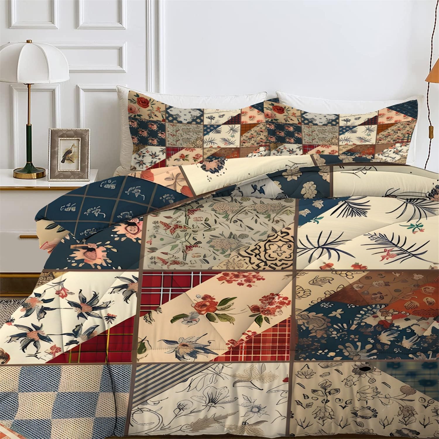 LSSLK Patchwork Pattern Double Duvet 7.5 Tog, Vintage Shabby Florals Reversible Coverless Duvet Double, Soft Bedding Comforter Sets for All Seasons, Lightweight Quilt with 2 Pillowcases - 200x200 cm