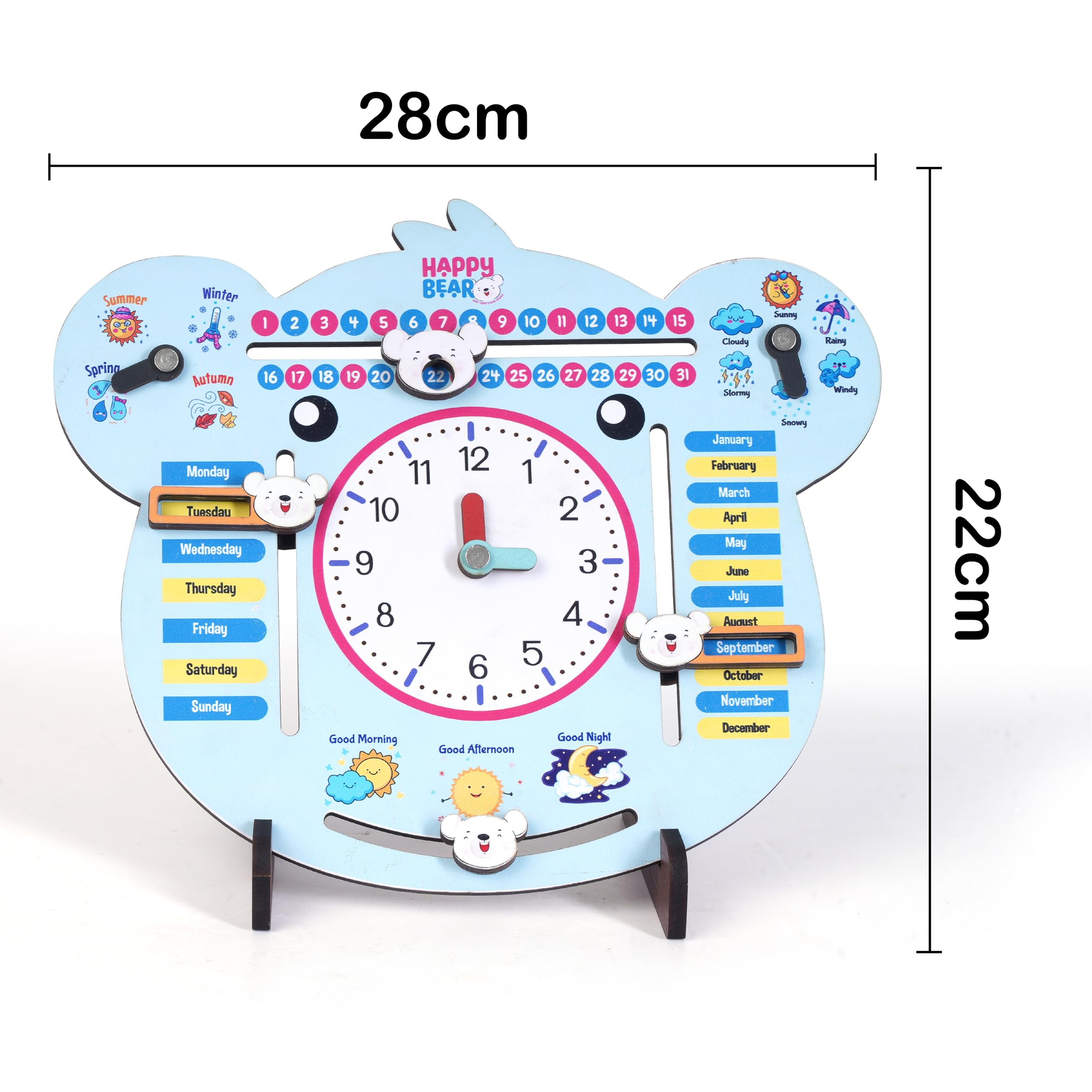 Happy Bear 7in1 Multifunctional Wooden Calendar Clock for Kids Educational Learning Clock Toy for Toddlers Boys and Girls Preschool Learning Tool Kids Teaching Clocks for 3+ Years(Multicolor) - Image 3 thumbnail