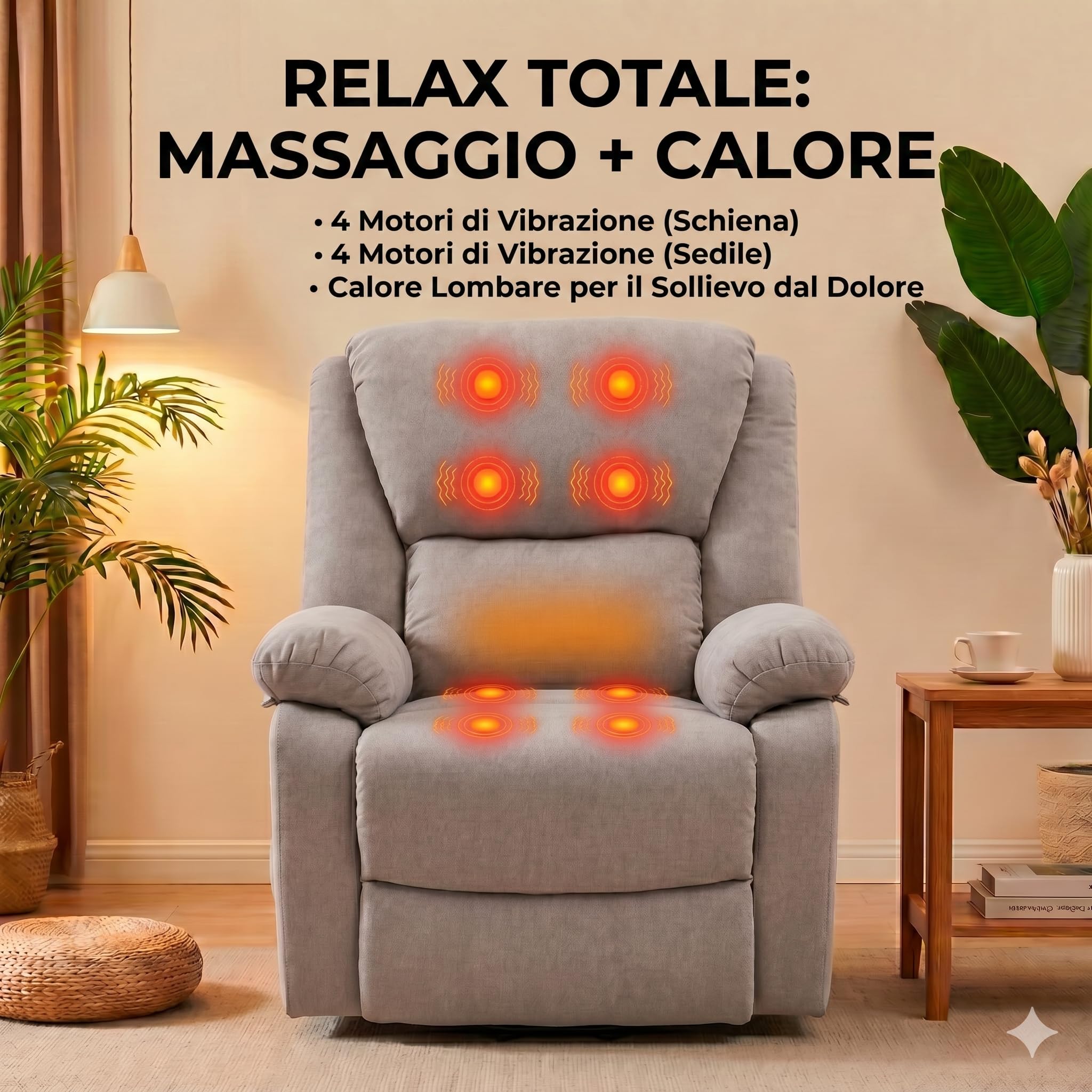 ECODE Poltrona Relax Alzapersona Elettrica Massaggiante, Reclinabile e Riscaldante con Poggiapiedi – Offerta Poltrona-Letto Per Anziani da Interno, Soggiorno o Salotto con Vibro Motori (Grigio)