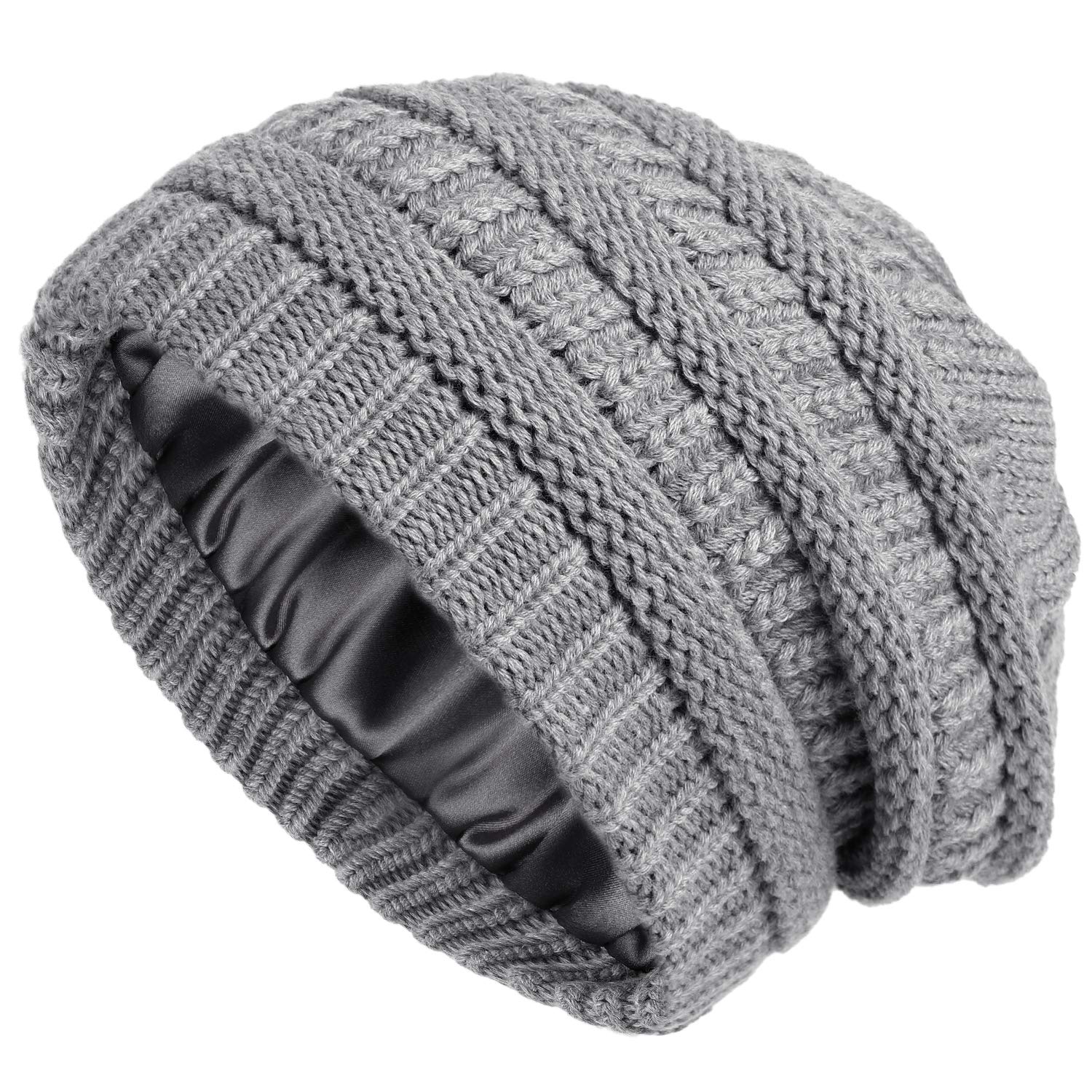 Winter Knit Beanie for Women Satin Lined Cable Thick Chunky Cap Mens Soft Slouchy Warm Hat