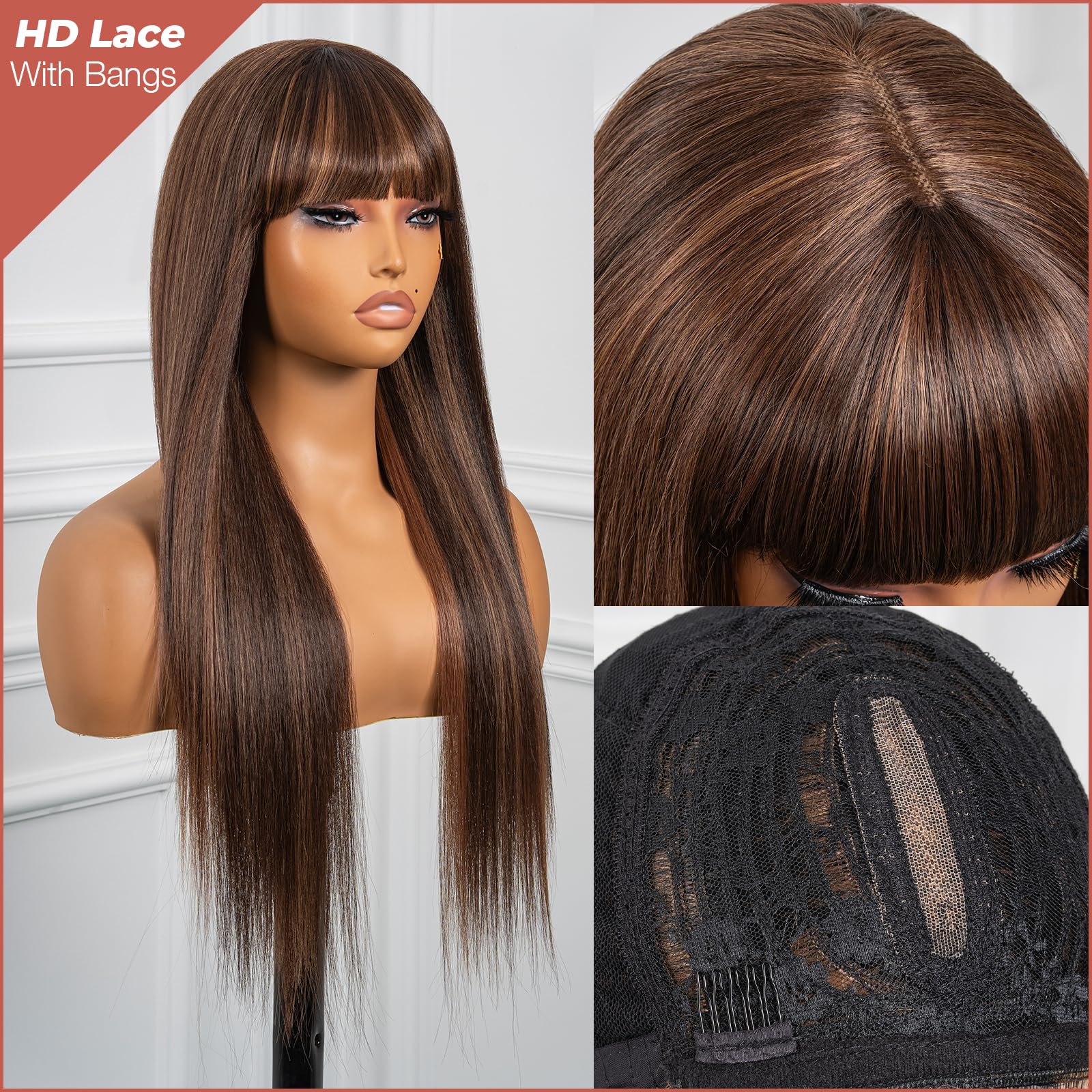 ToyoTress Highlight Lace Front Wig With Bangs Synthetic - 26 Inch Long Straight Black Mix Brown Glueless Full Wig With Bangs, ZERO Tangle Light Yaki Lace Wigs For Women (26 Inch, P4/30/27)