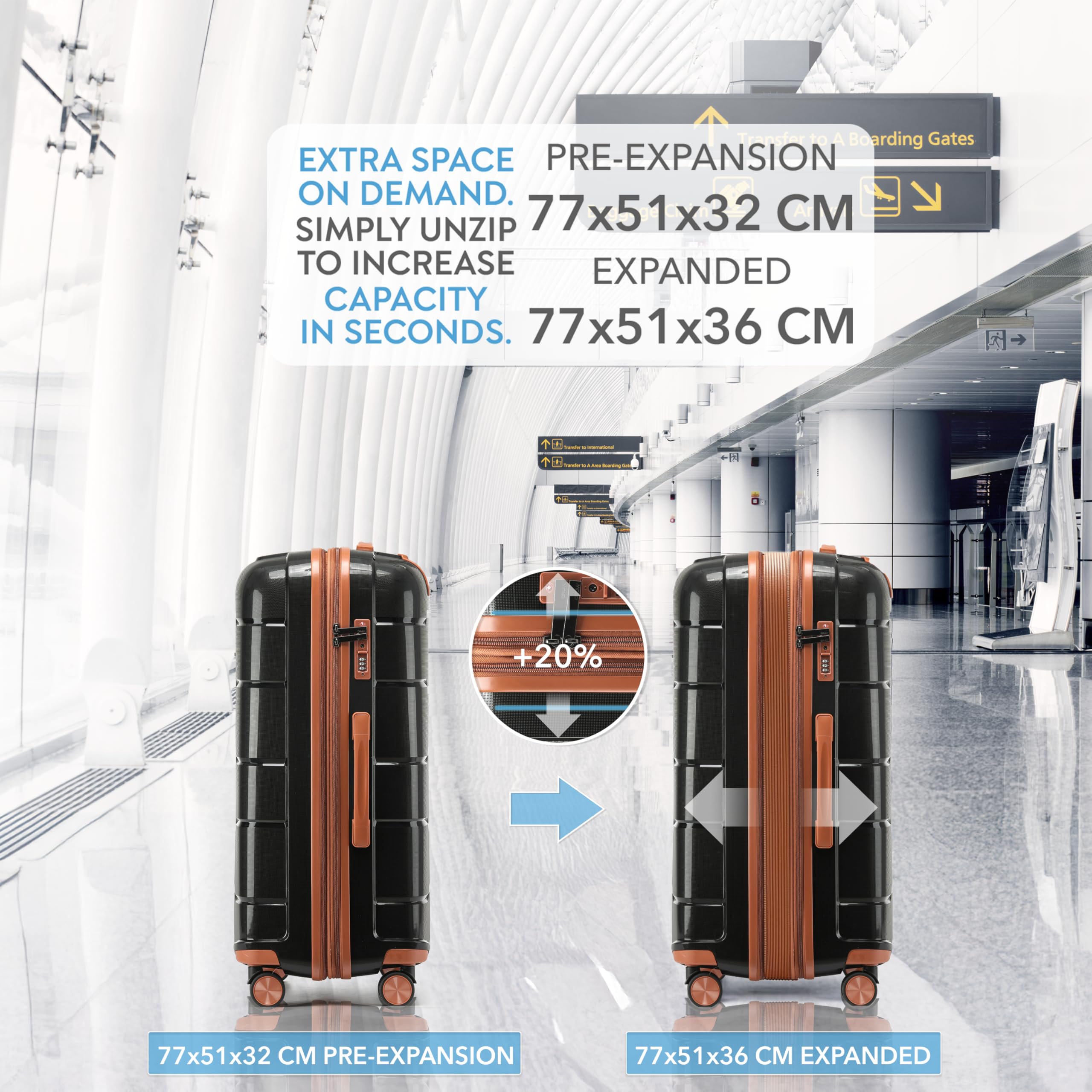 CRUW Large 28" Checked Luggage 77x51x32cm + Expandable Hold Baggage (114/121 Liters) Polypropylene Suitcase TSA Approved Lock 8 Silent Spinner Wheels Lightweight Suitcases Airline-Approved Travel