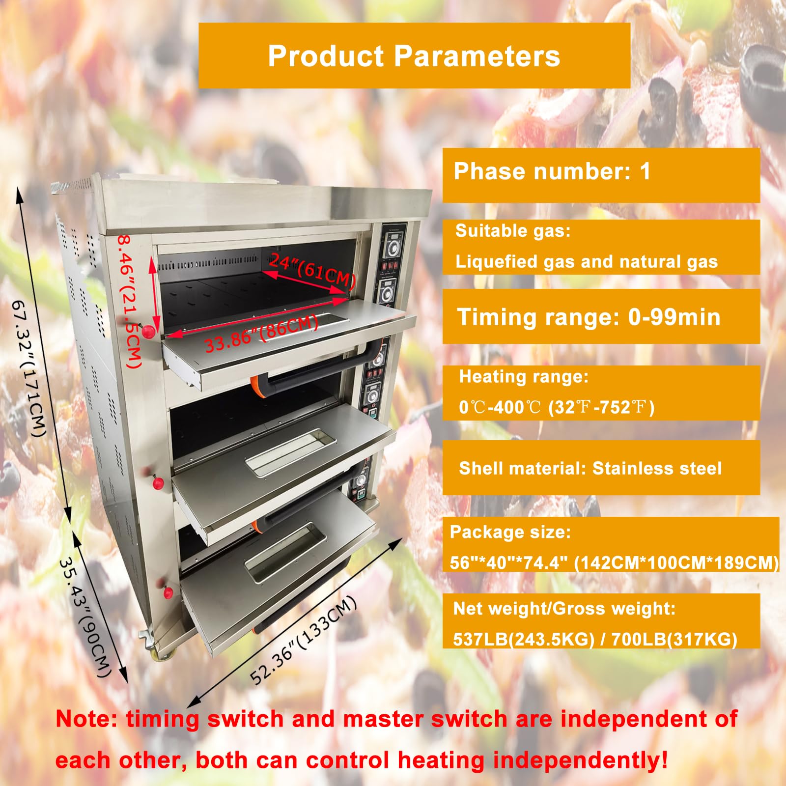 Horno de pizza comercial Máquina de hornear de Piza de calefacción de gas de 3 capas con 6 placas 110V 300W Horno de acero inoxidable para restaurantes Panaderías 0-99min 32.0 °F-752.0 °F 2