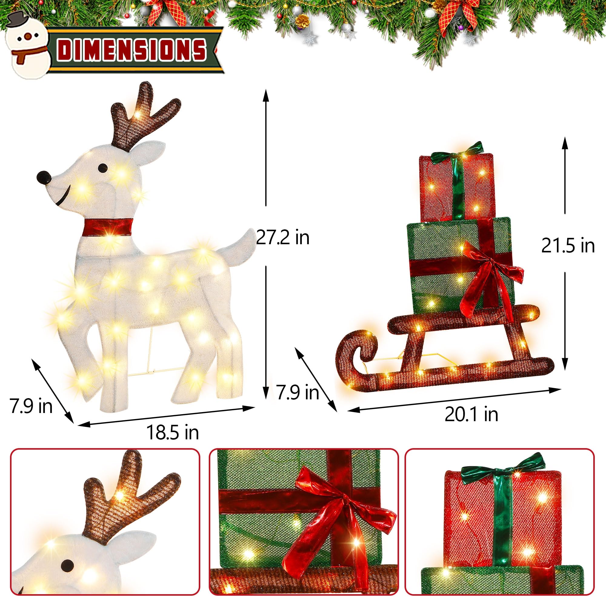 Joliyoou Décoration de cour de Noël, renne pré-éclairé et traîneau cadeau avec 50 lumières blanches chaudes, affichage de vacances éclairé 2D pour porte d'entrée de Noël, décoration intérieure et