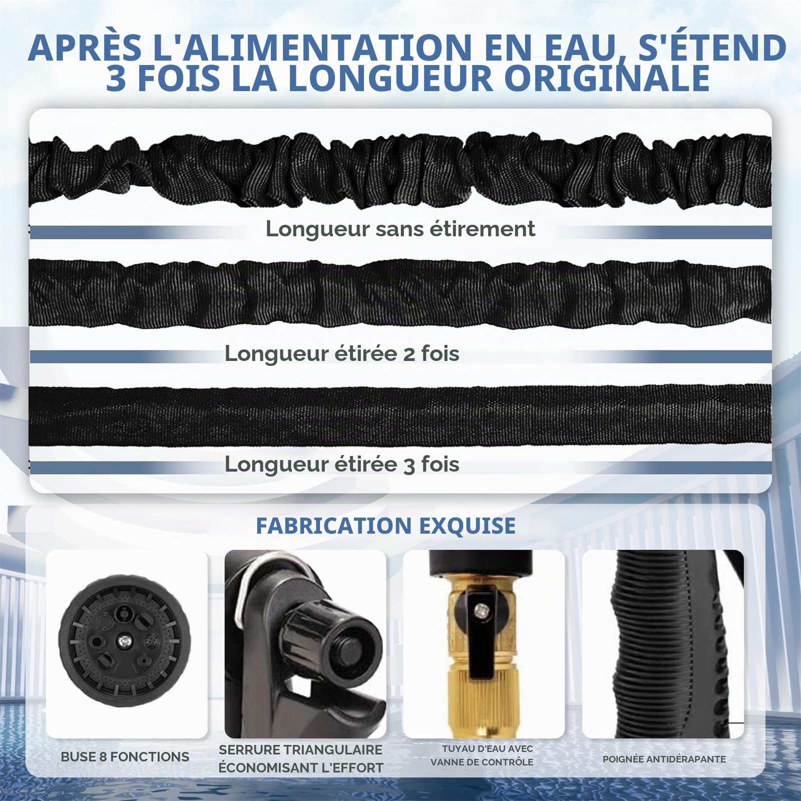LINGKY Tuyau d'Arrosage Extensible 60m, Tuyau Arrosage Extensible avec 1/2" et 3/4" Adaptateurs, 8 Modes de Pulvérisation, Latex Triple Épaisseur Durable avec Raccords en Laiton et Sac
