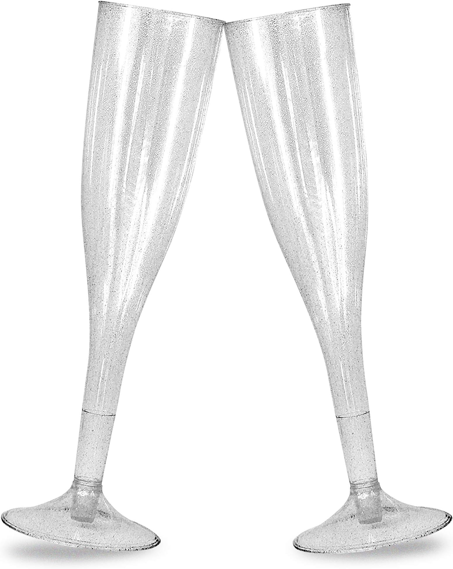Plastic Champagne Flutes Silver Glitter 50pc ~5oz/130ml Disposable Plastic Wine Glasses - Perfect as Wedding Flutes & Mimosa Bar & Birthday Reception & Plastic Cocktail Glasses & Glitter Cups