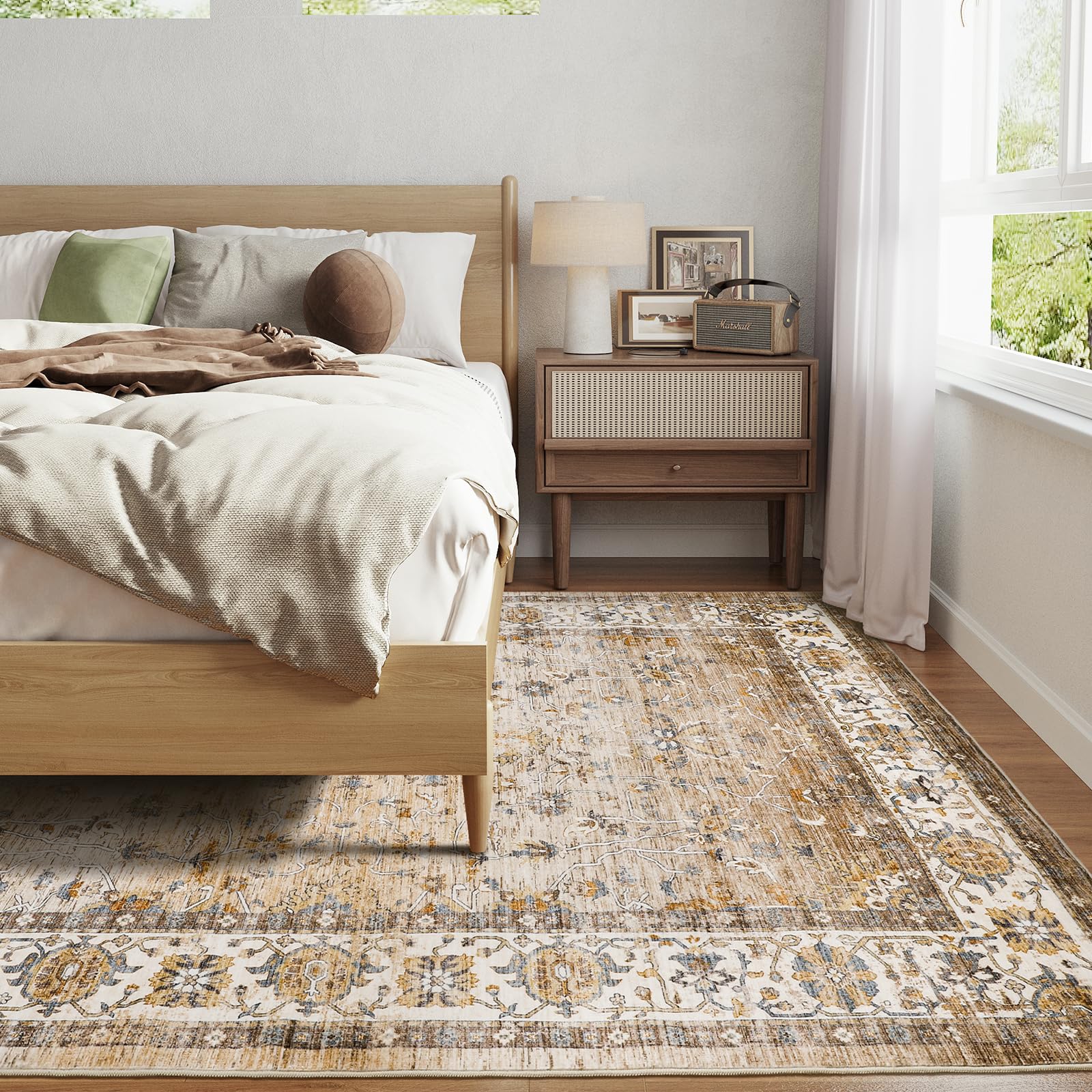 5x7 Area Rugs for Living Room,Stain Resistant Washable Rug,Non-Slip Backing Rugs for Bedroom,Kitchen,Printed Vintage Home Decor Rug (Apricot/Blue, 5'x7')