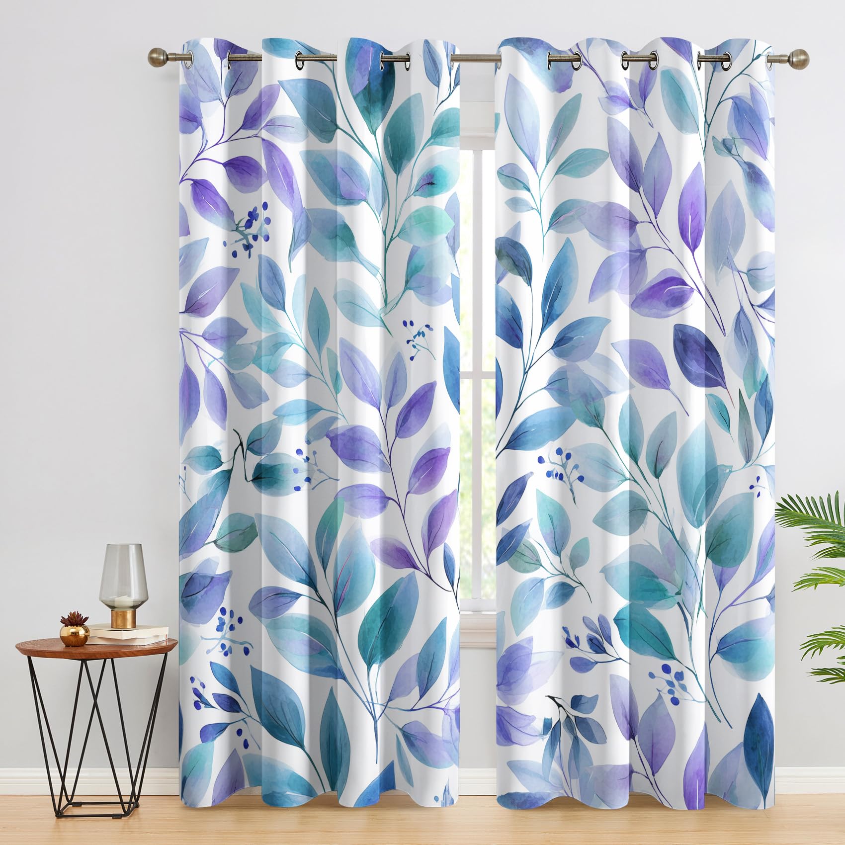 Blätter Vorhänge, Verdunklungsvorhänge mit Muster Blätter, Vorhang Blickdicht mit Ösen, Gardinen für Wohnzimmer Schlafzimmer Deko 2er Set - 137x117 (H X B) F&V58