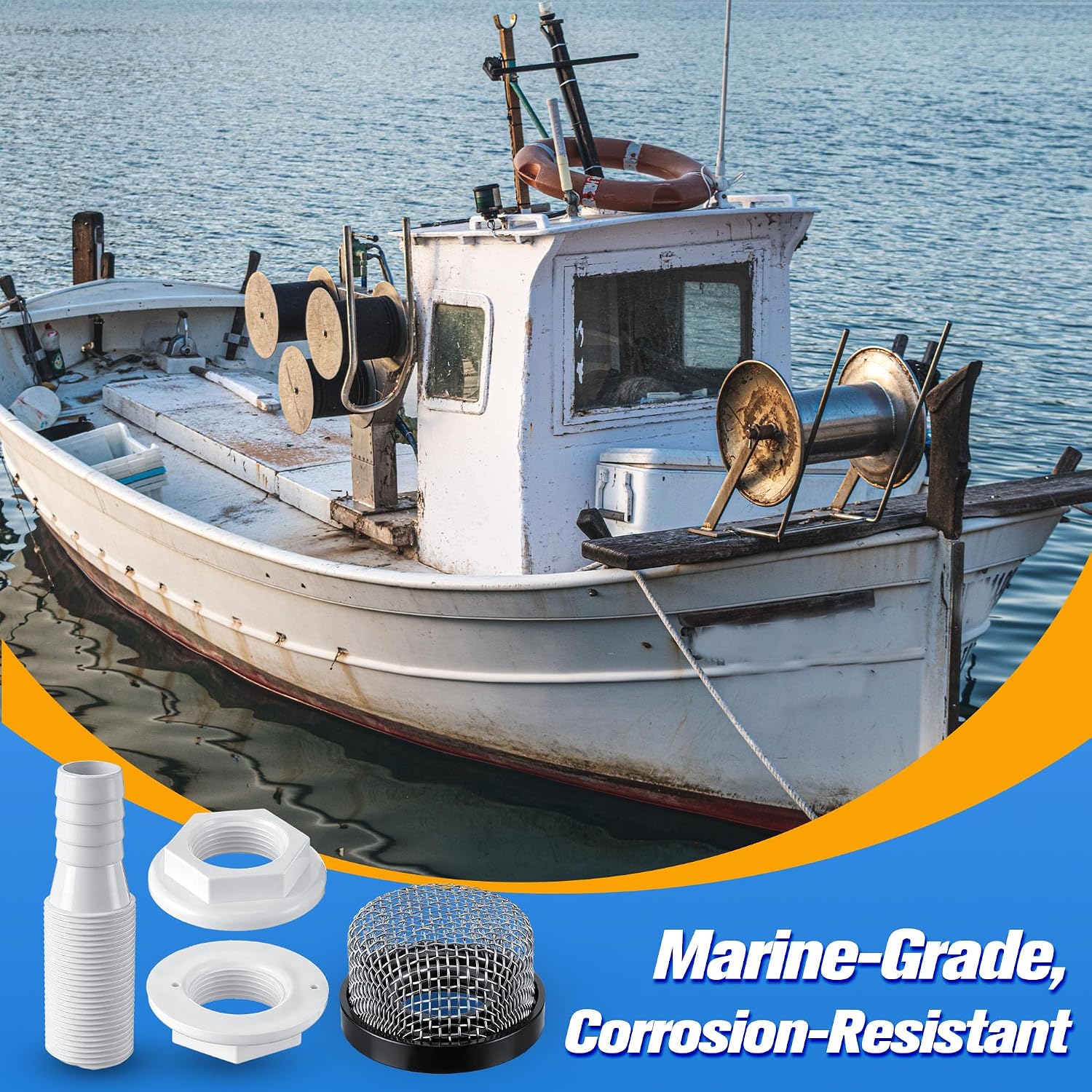 Thru Hull Strainer Mount with Aerator Screen, Boat Water Intake Fitting for Livewell Aerator Pump Systems, Thru Hull Water Pickup for 3/4" ID Hose Plastic Marine Intake Strainer for Fishing