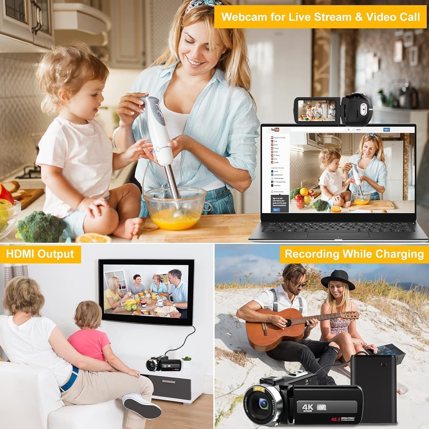 Videocamera 4K UHD 48MP IR visione notturna Vlogging fotocamera per YouTube, zoom digitale 18X, registratore 3 pollici IPS touchscreen con scheda SD da 32 GB, telecomando, 2 batterie