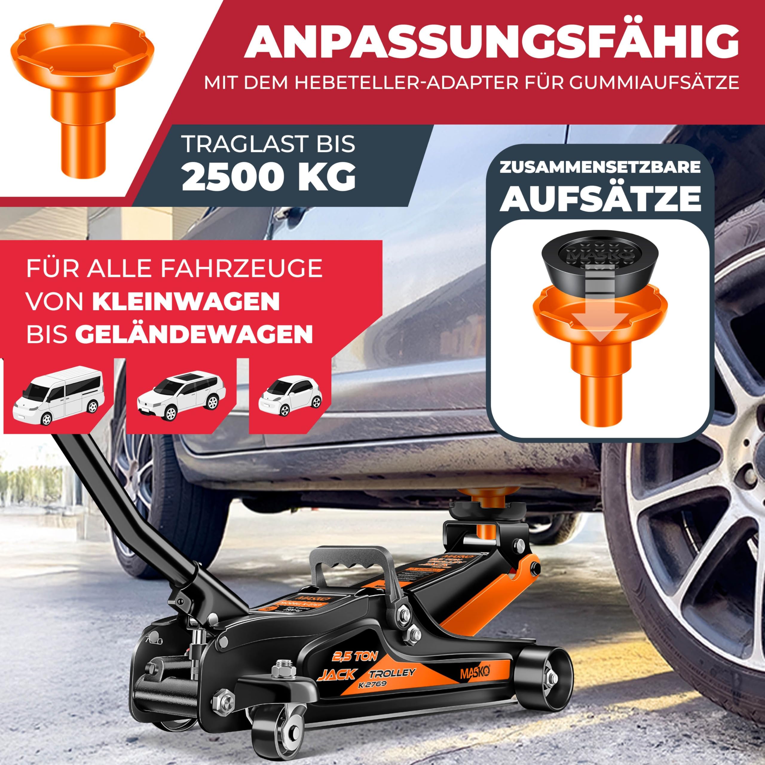 MASKO® Gato Hidráulico de elevación Plana + 2X Almohadilla de Goma + Guantes, Gato de elevación hidráulico 360° Rodillos Gato Hidraulico Caballete 2.5 Toneladas - Naranja