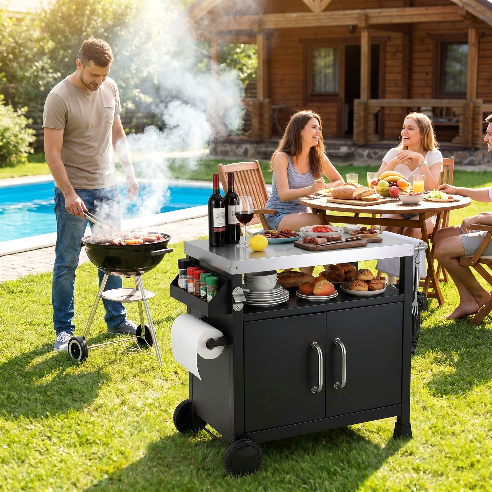 TLSUNNY Grilltisch Outdoor mit Edelstahl Tischplatte | Grillwagen mit Unterschrank, Servierwagen mit 2 Rollen, für Garten, Terrasse, Balkon, Partys, BBQ Beistelltisch