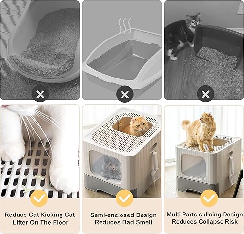 Miniatura 2 de Caja de arena grande para gatos con tapa, plegable, totalmente cerrada, antisalpicaduras con cuchara, cajón tipo inodoro para gatos, fácil de