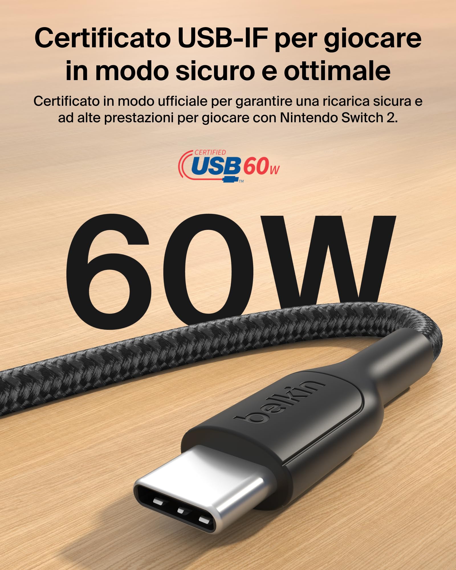 Belkin Gaming Cavo Intrecciato da USB-C a USB-C da 60 W (2m), Ricarica Rapida USB C per Nintendo Switch 2, iPhone 16, iPhone 15, iPad, MacBook Air, Chromebook, Samsung Galaxy S25 Ultra e altri, nero