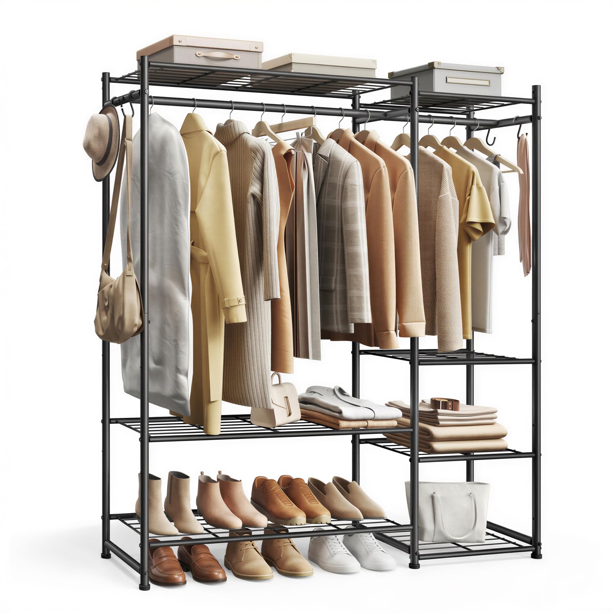 SONGMICS Portable Closet Wardrobe Heavy-Duty Clothes Rack Freestanding Clothing Rack with 7 Shelves 2 Hanging Rods 4 S