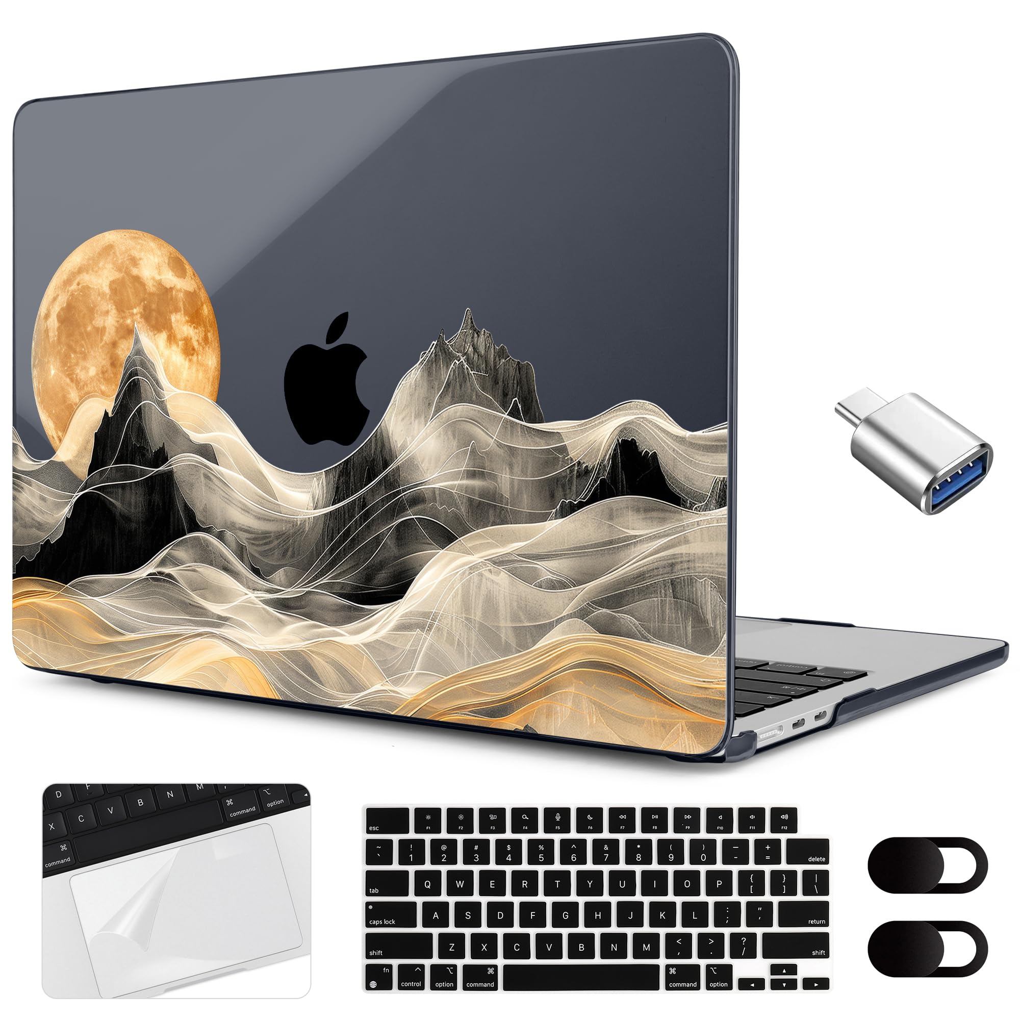 MEEgoodo Case for MacBook Air 15 inch M4/M3/M2 2025 2024 2023, Case Fit Model (A3241/A3114/A2941) for MacBook Air 15-inch, Laptop with Keyboard & Camera Cover & OTG Adapter, Mystical Full Moon